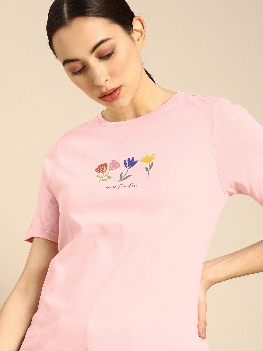 

ether Women Pink Printed Round Neck Pure Cotton T-shirt