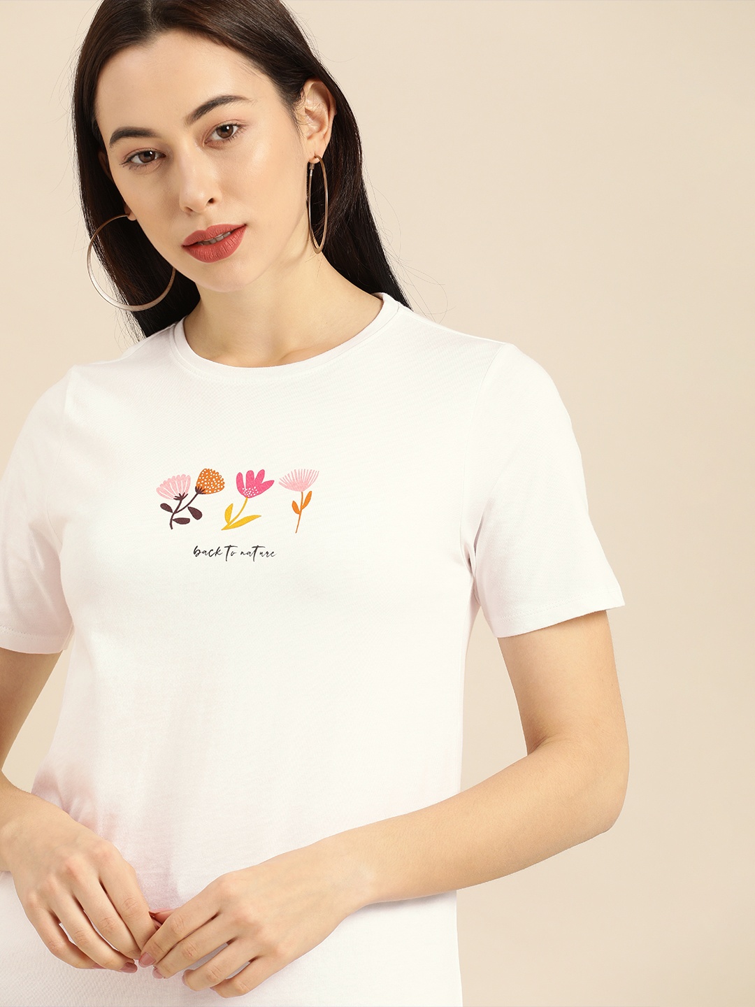 

ether Women White Pure Cotton Floral Printed Round Neck Pure Cotton T-shirt