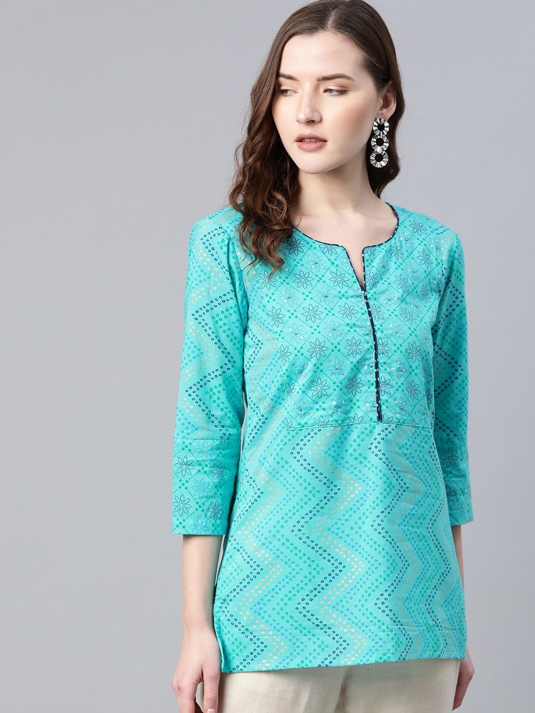 

Rain & Rainbow Women Blue & Green Ethnic Motifs Print Pure Cotton Top with Sequins