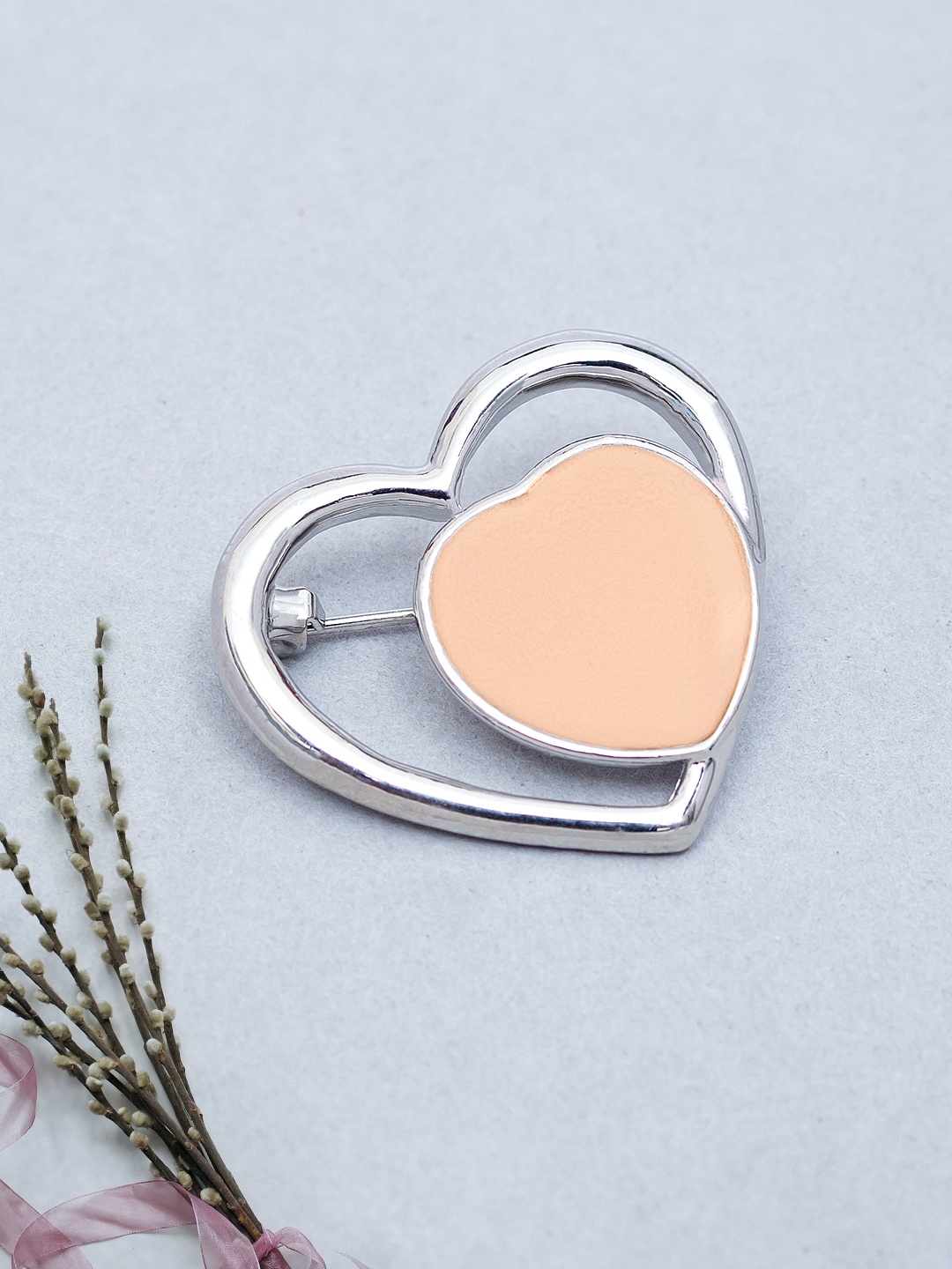 

Golden Peacock Women Silver-Toned & Peach-Coloured Heart-Shaped Brooch