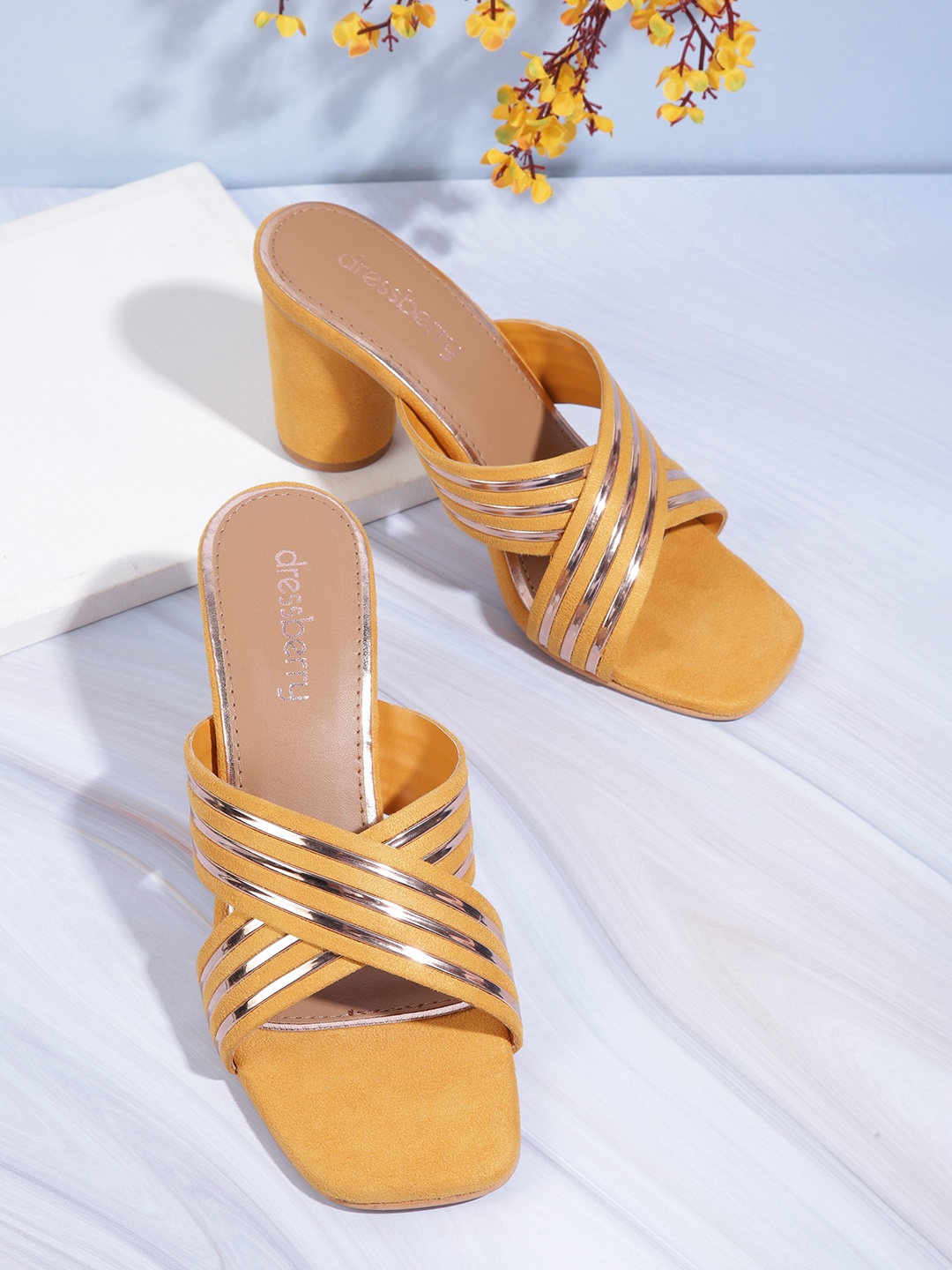 

DressBerry Mustard Yellow & Gold-Toned Striped Block Heels