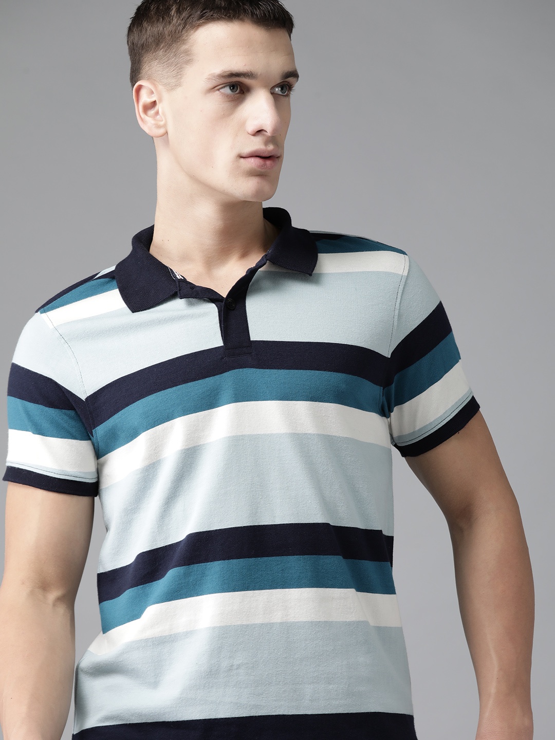 

The Roadster Lifestyle Co Men Blue Off-White Pure Cotton Striped Polo Collar Pure Cotton T-shirt