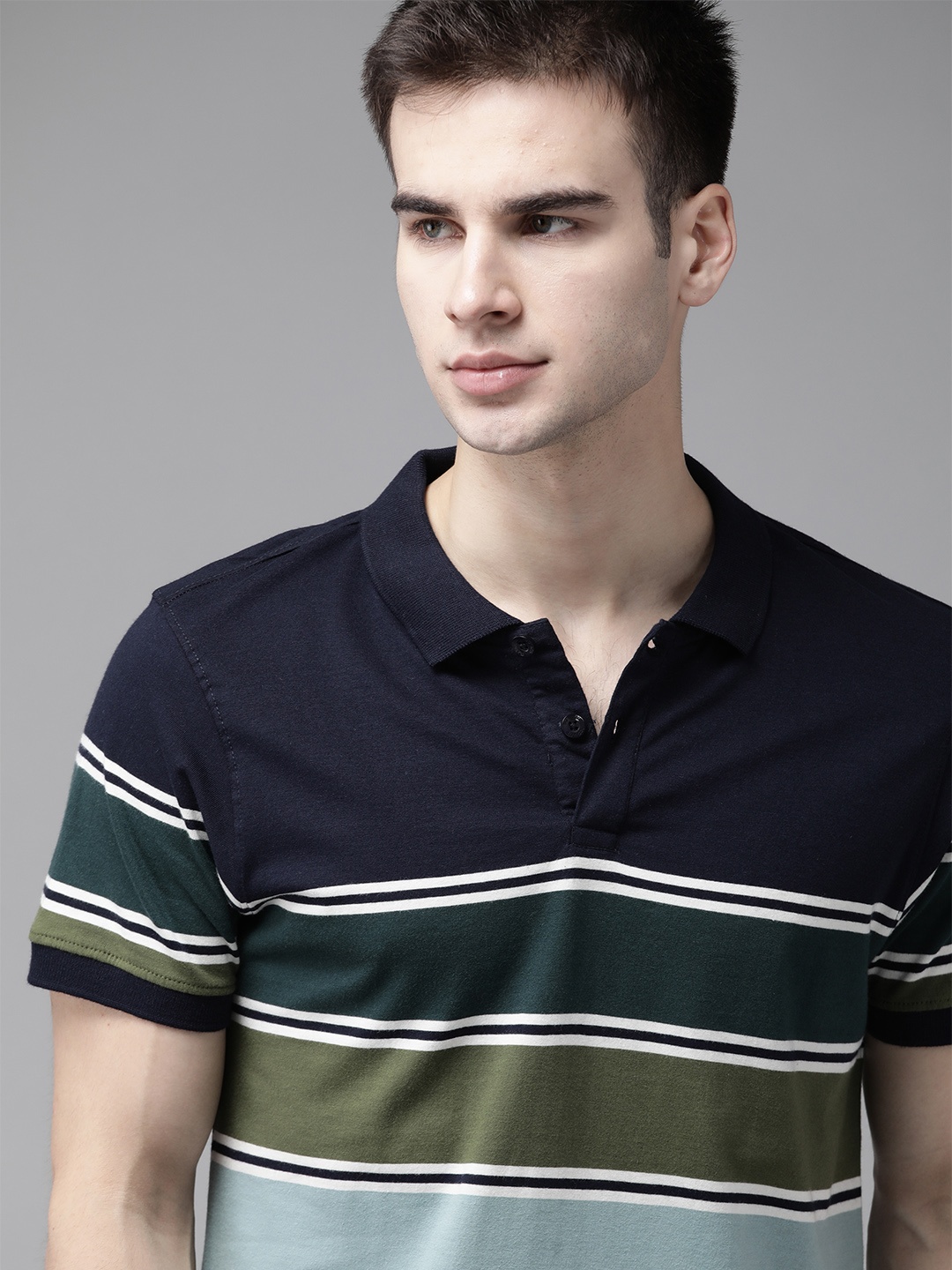 

The Roadster Lifestyle Co Men Navy Blue & Olive Green Pure Cotton Striped Polo Collar T-shirt