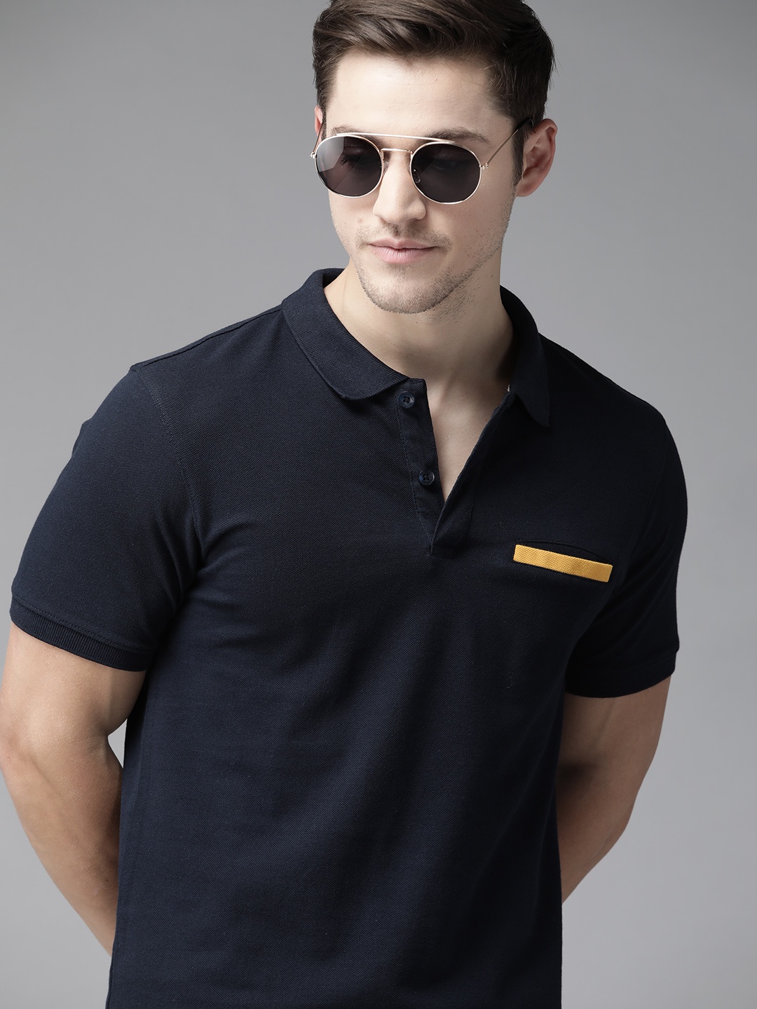 

Roadster Men Navy Blue Pure Cotton Solid Polo Collar Pure Cotton T-shirt