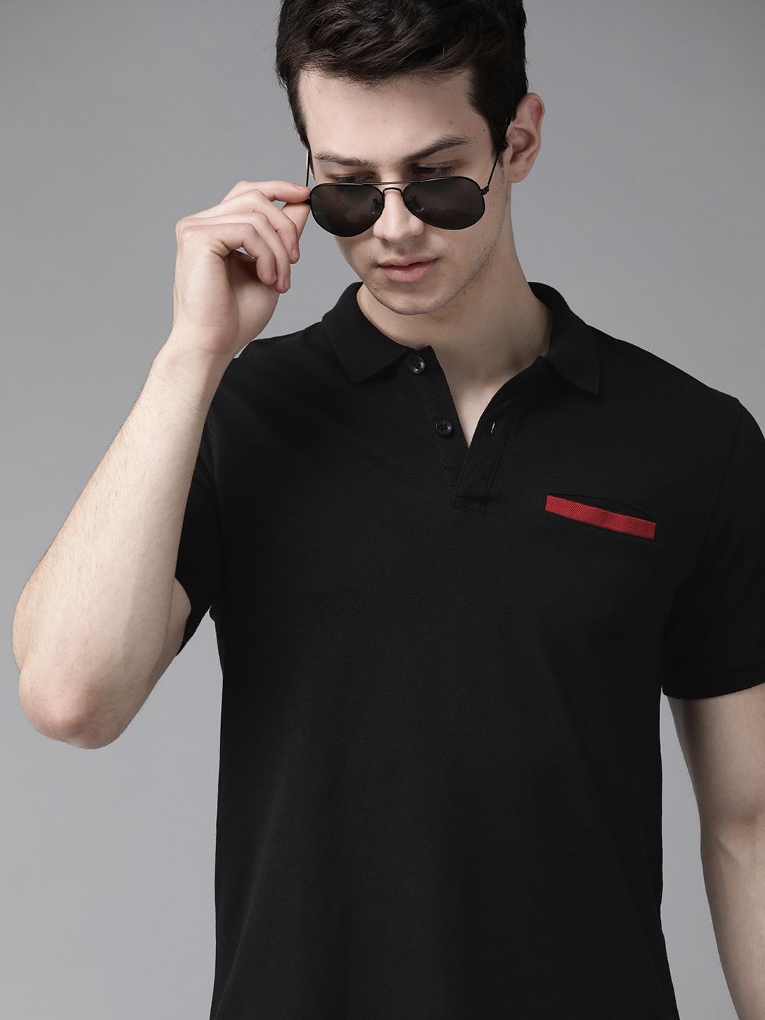

Roadster Men Black Solid Pure Cotton Polo Collar Pure Cotton T-shirt