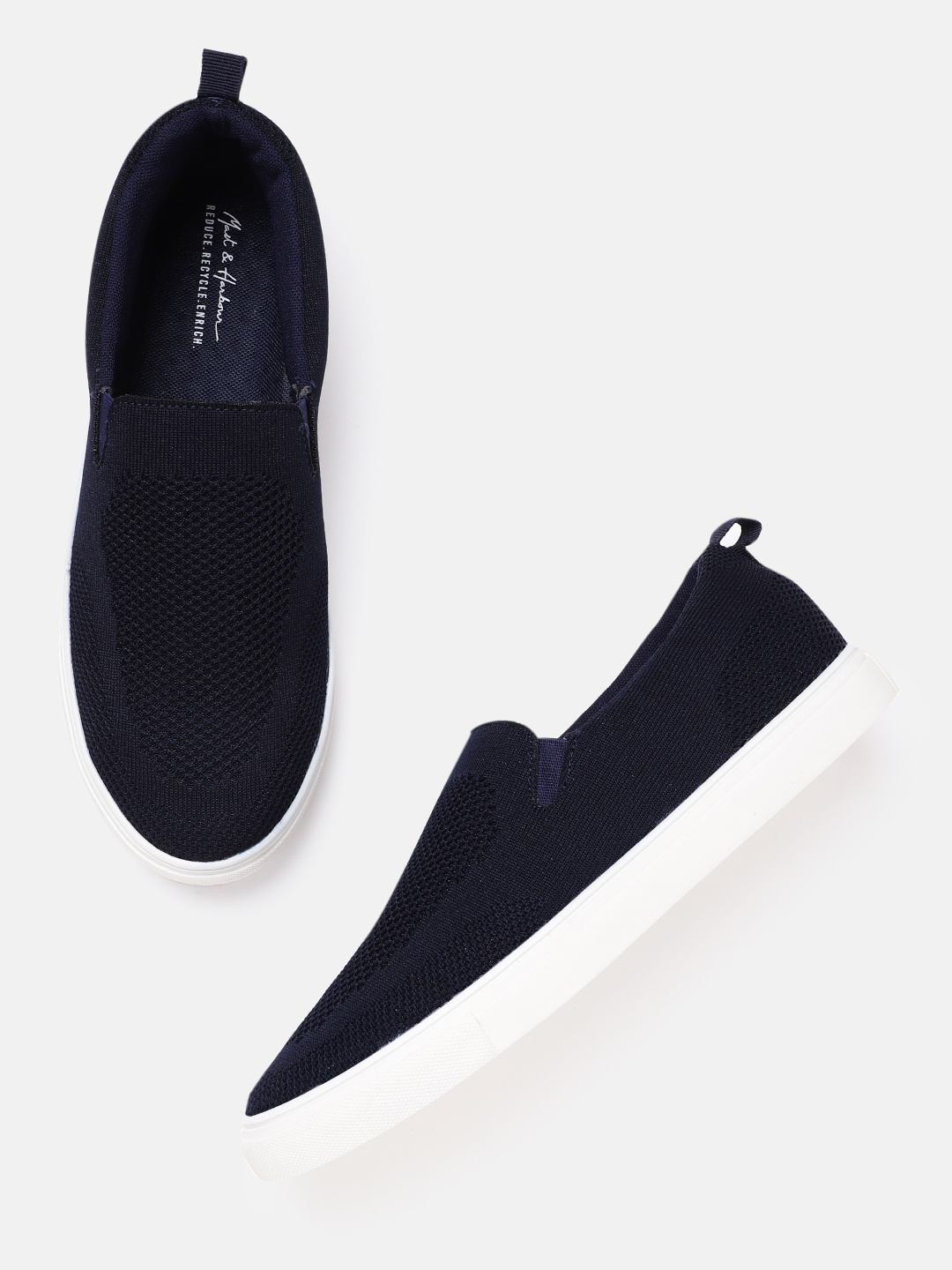 

Mast & Harbour Men Navy Blue Woven Design Sustainable Slip-On Sneakers