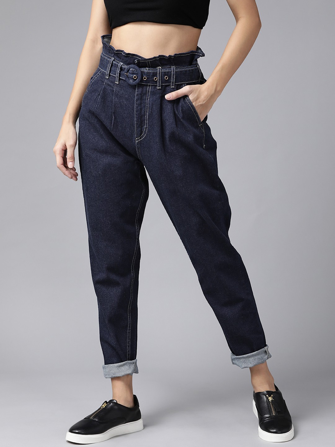 

The Roadster Lifestyle Co Women Navy Blue Pleated Boyfriend Fit High-Rise Jeans with Paperbag Waistband