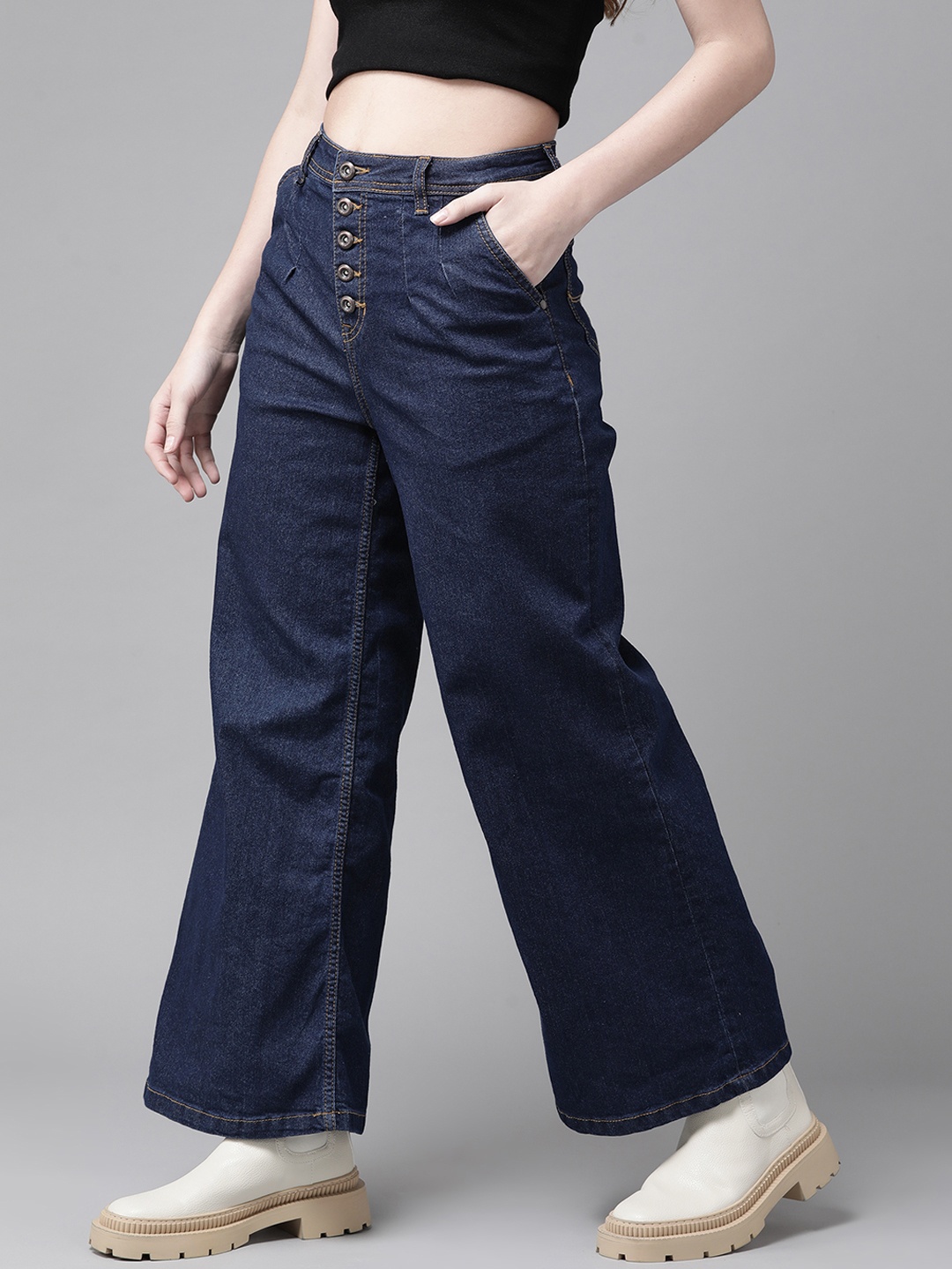 

The Roadster Lifestyle Co Women Navy Blue Wide Leg High-Rise Stretchable Jeans