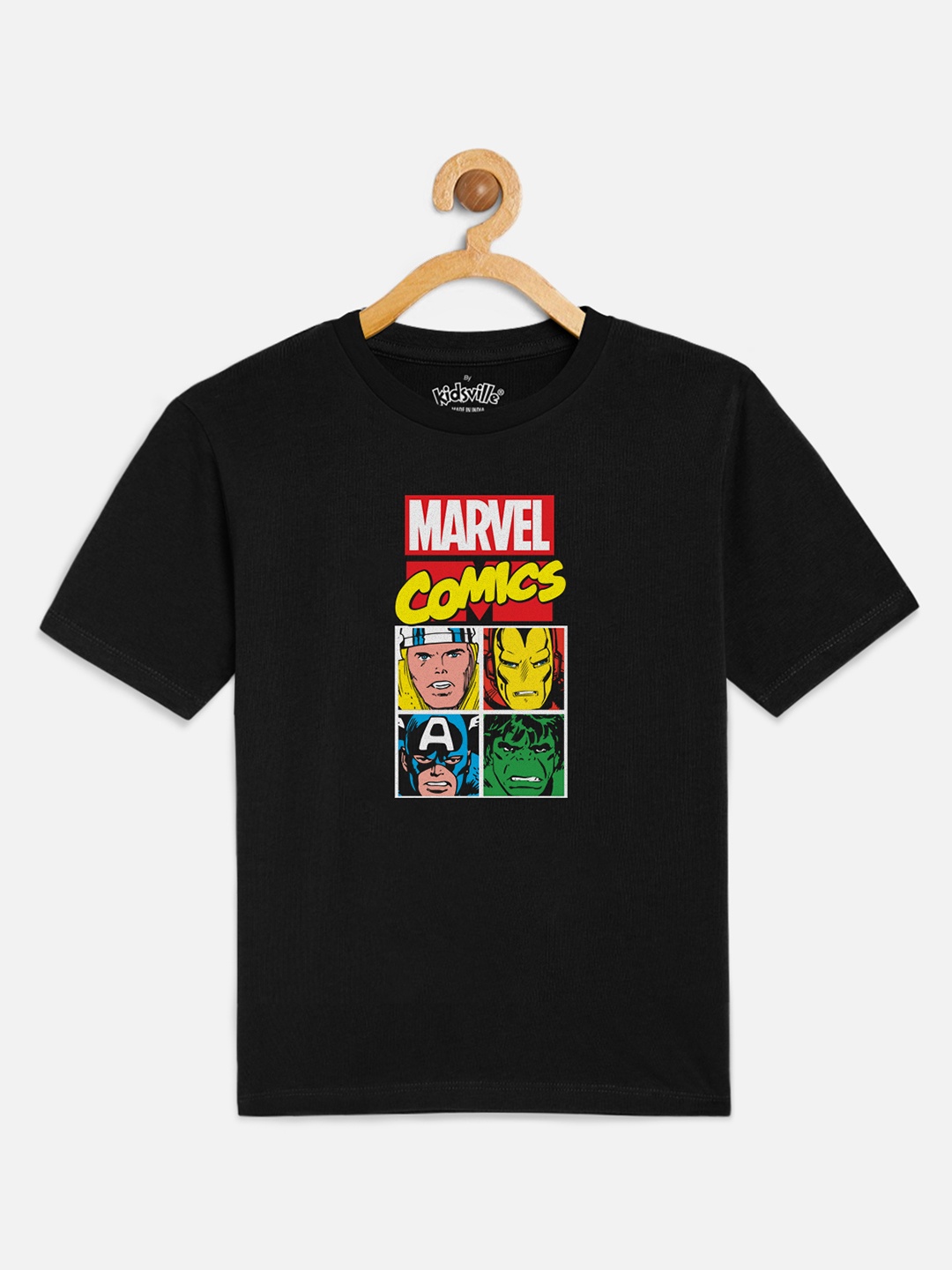 

Kids Ville Boys Black Marvel Comics Printed Round Neck T-shirt