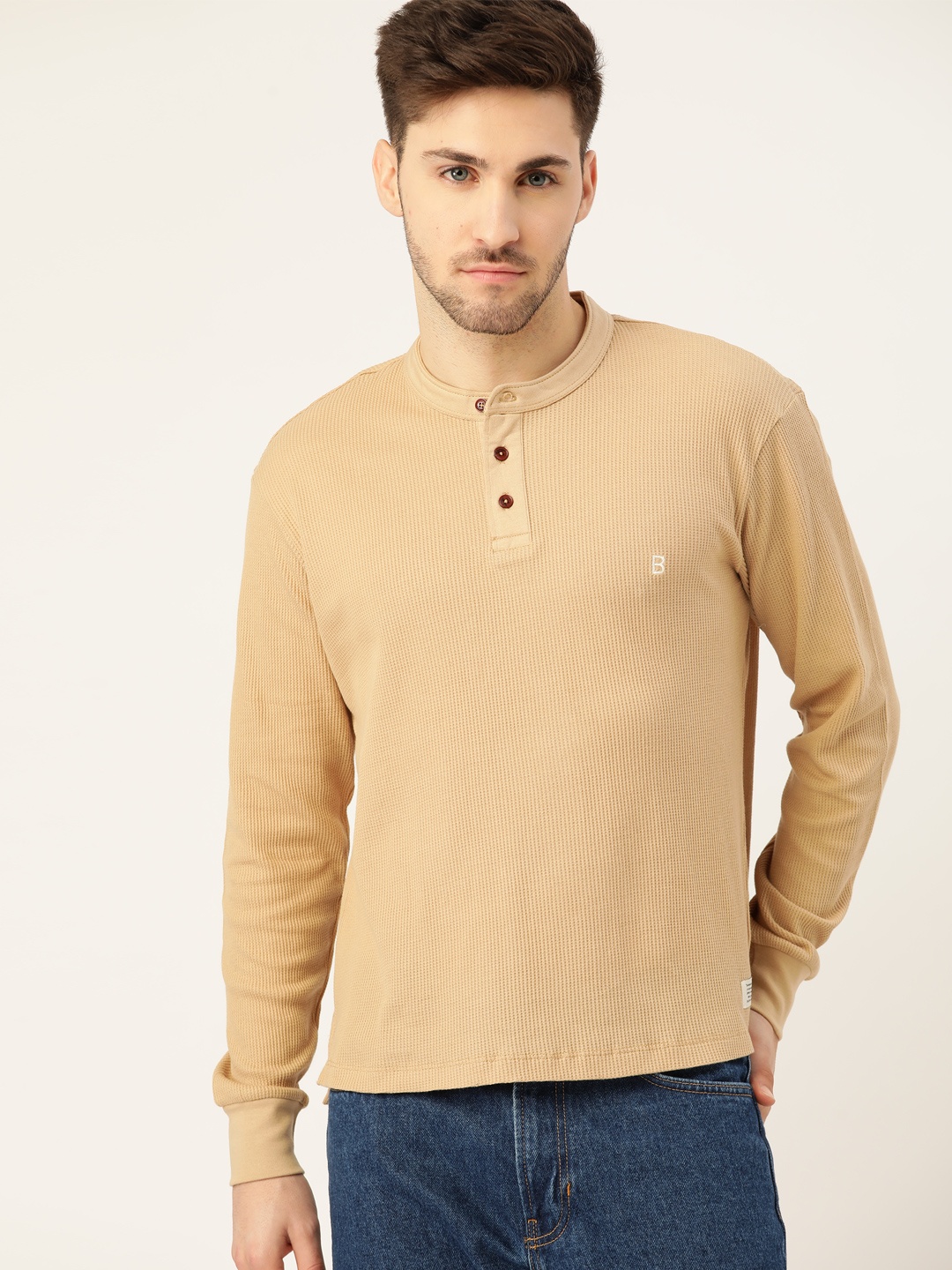 

Mr Bowerbird Men Beige Pure Cotton Self-Striped Henley Neck Pure Cotton T-shirt