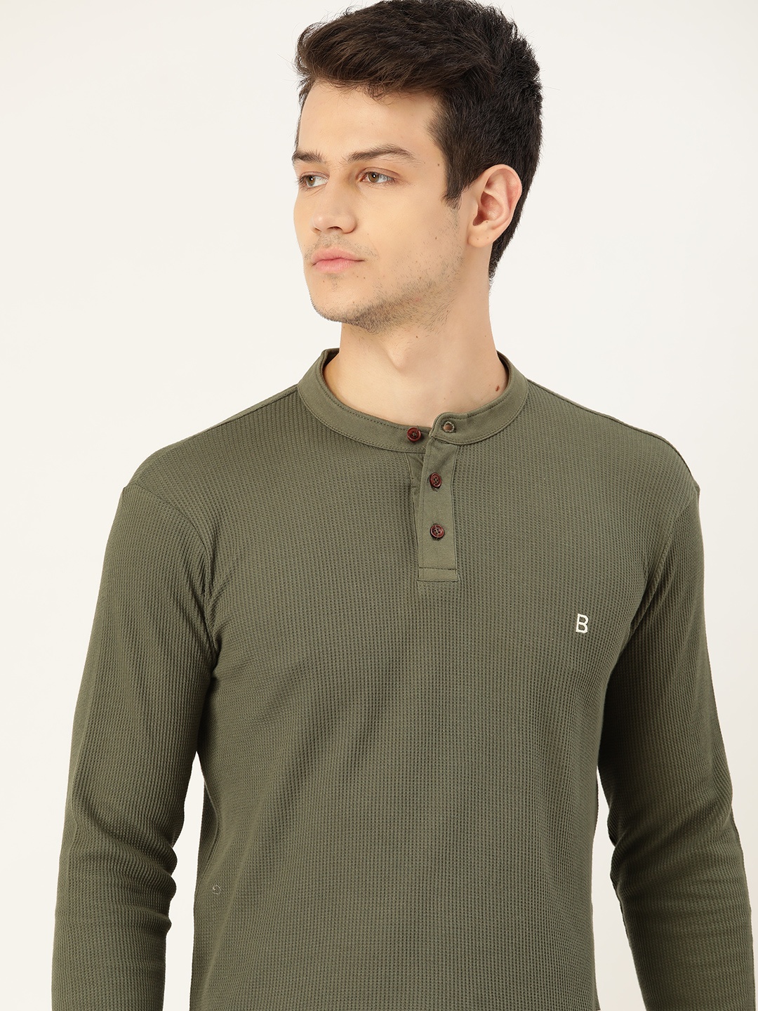 

Mr Bowerbird Men Olive Green Pure Cotton Tailored Fit Self-Striped Henley Neck Pure Cotton T-shirt