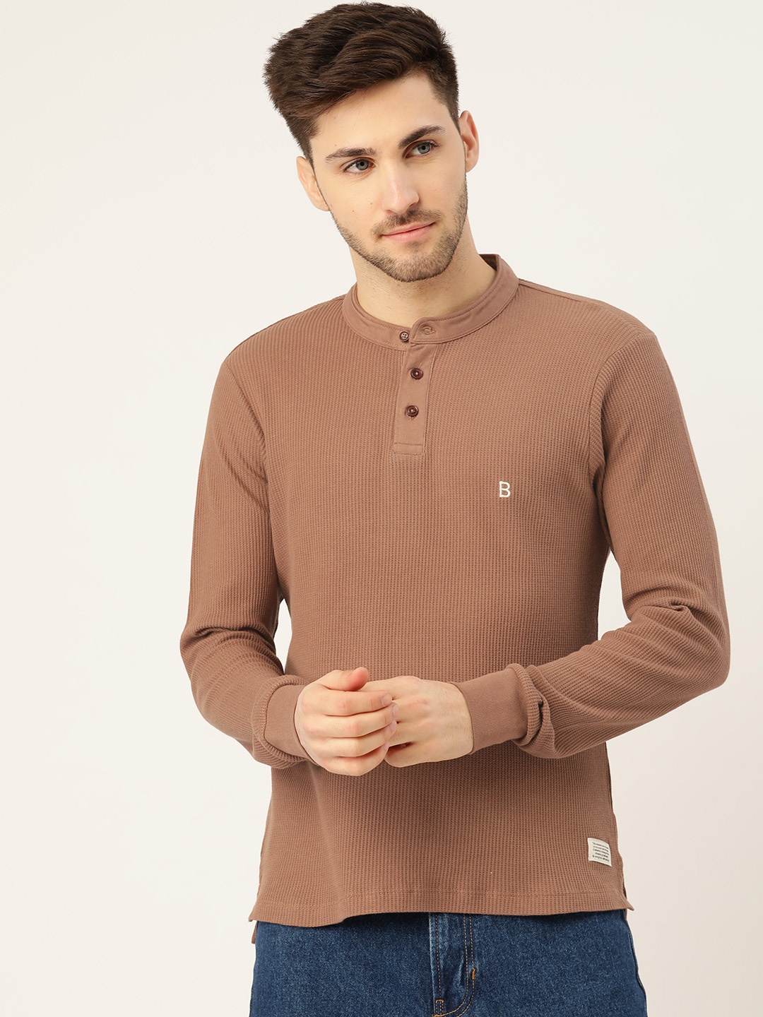 

Mr Bowerbird Men Brown Pure Cotton Tailored Fit Self-Striped Henley Neck Pure Cotton T-shirt