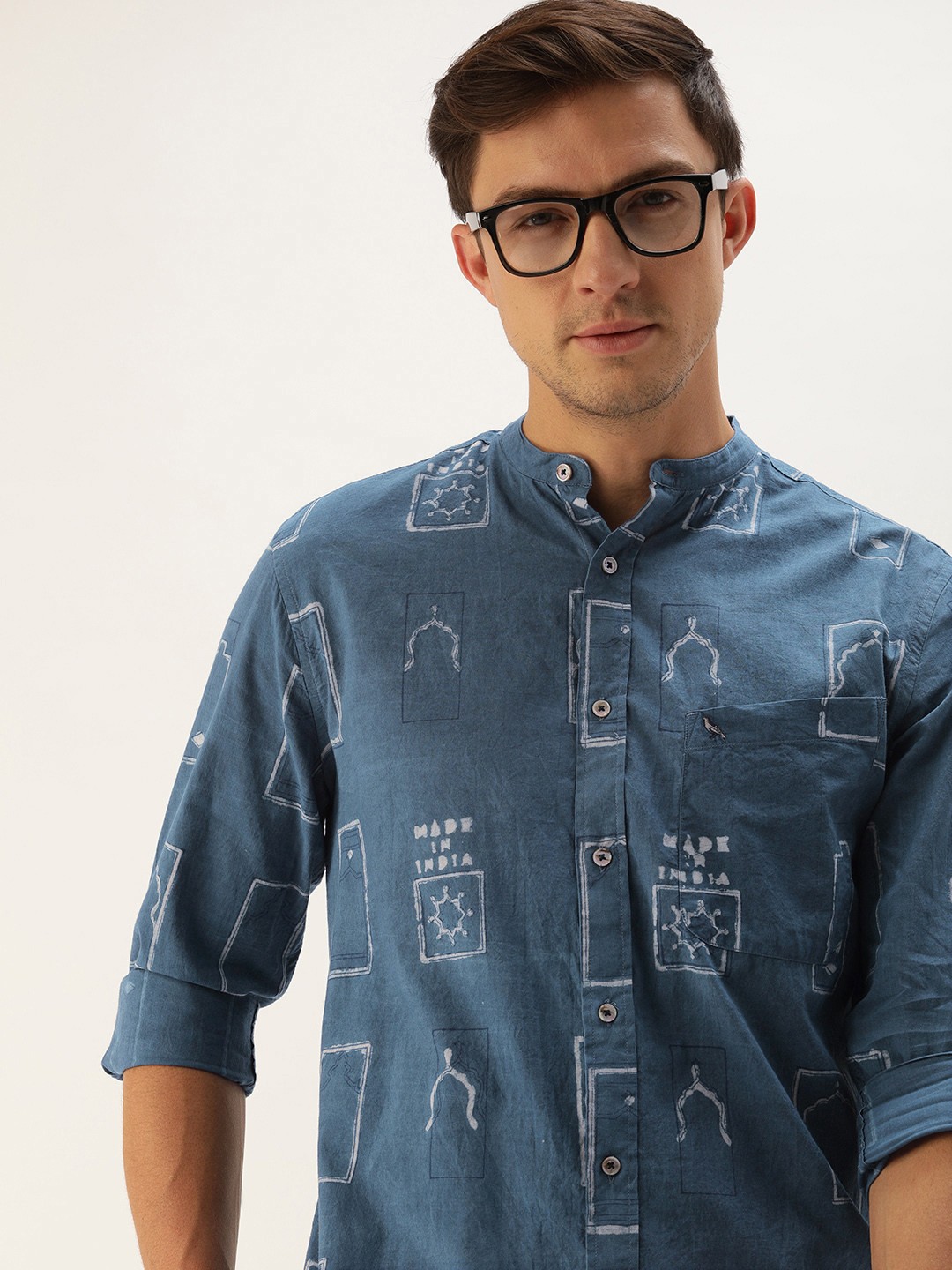 

Mr Bowerbird Men Made In India Natural Dyed Hand Block Printed Mihrab Shirt, Blue