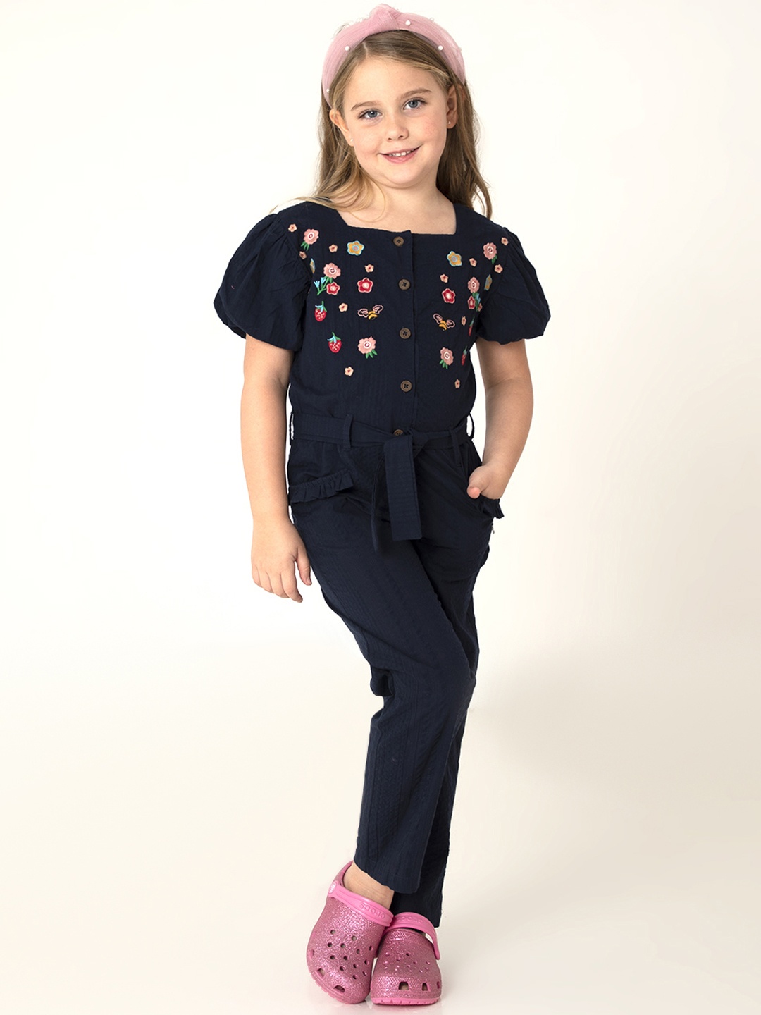 

Cherry Crumble Girls Navy Blue Floral Embroidered Cotton Basic Jumpsuit