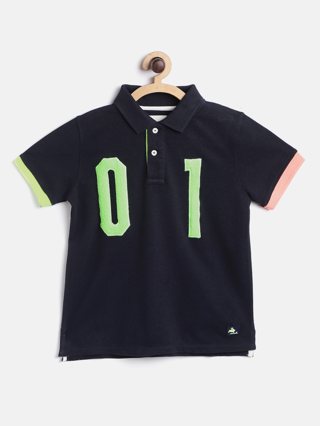 

Cherry Crumble Boys Navy Blue & Fluorescent Green Numeric Applique Cotton Polo T-shirt