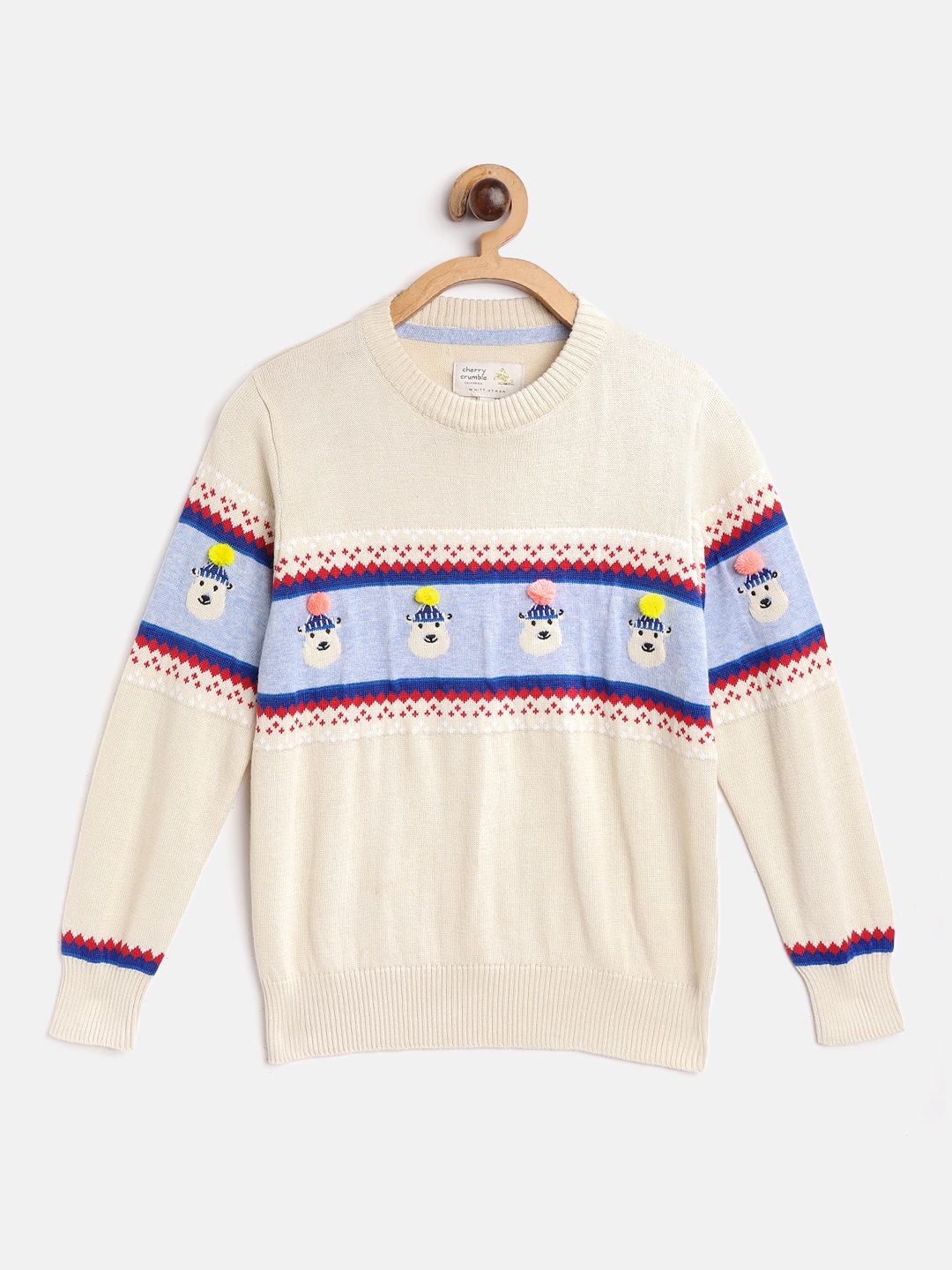 

Cherry Crumble Kids Cream-Coloured & Blue Self Design Pullover Sweater with Pom-Pom Detail