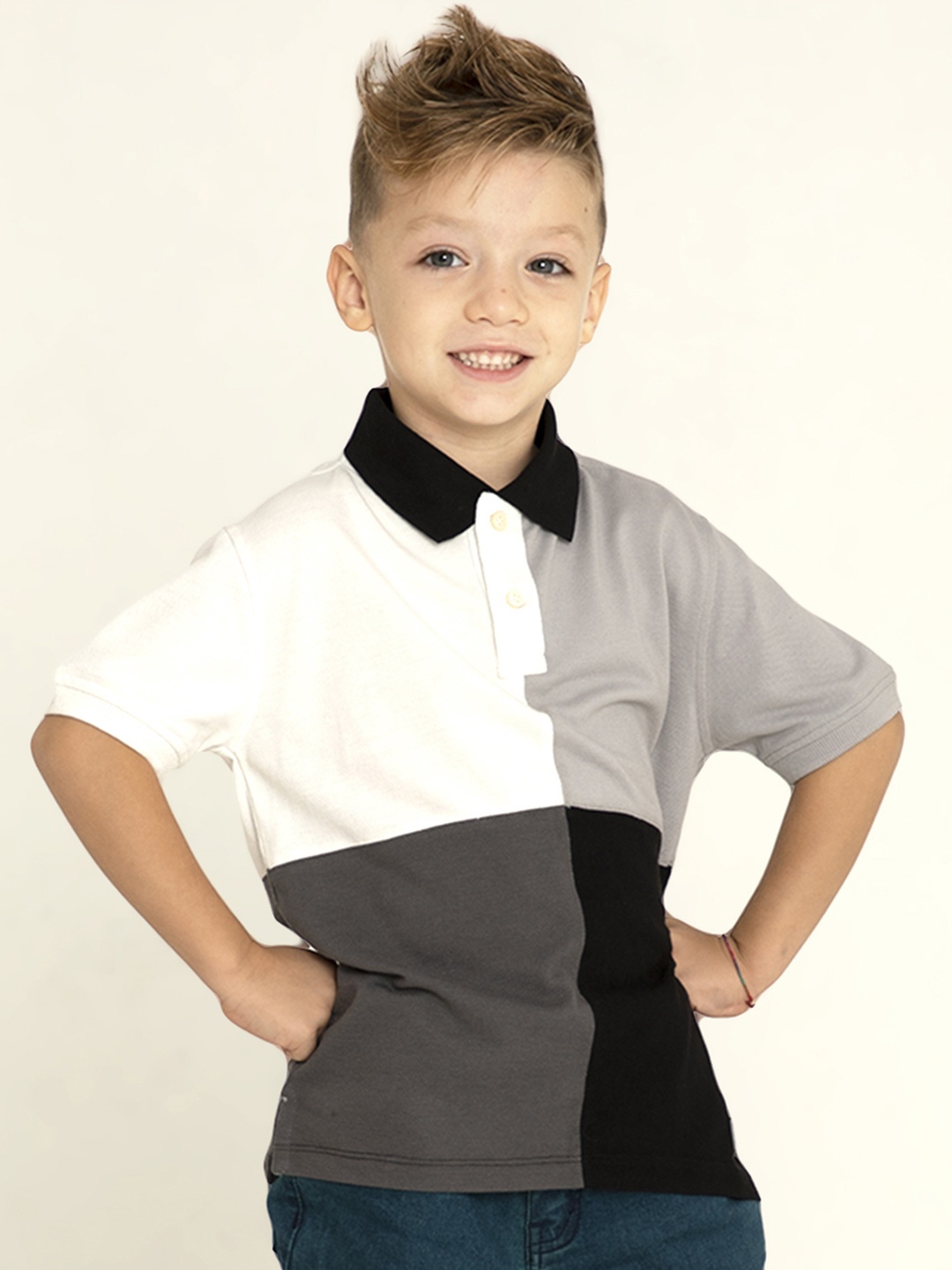 

Cherry Crumble Boys White & Black Colourblocked Polo Collar Cotton T-shirt