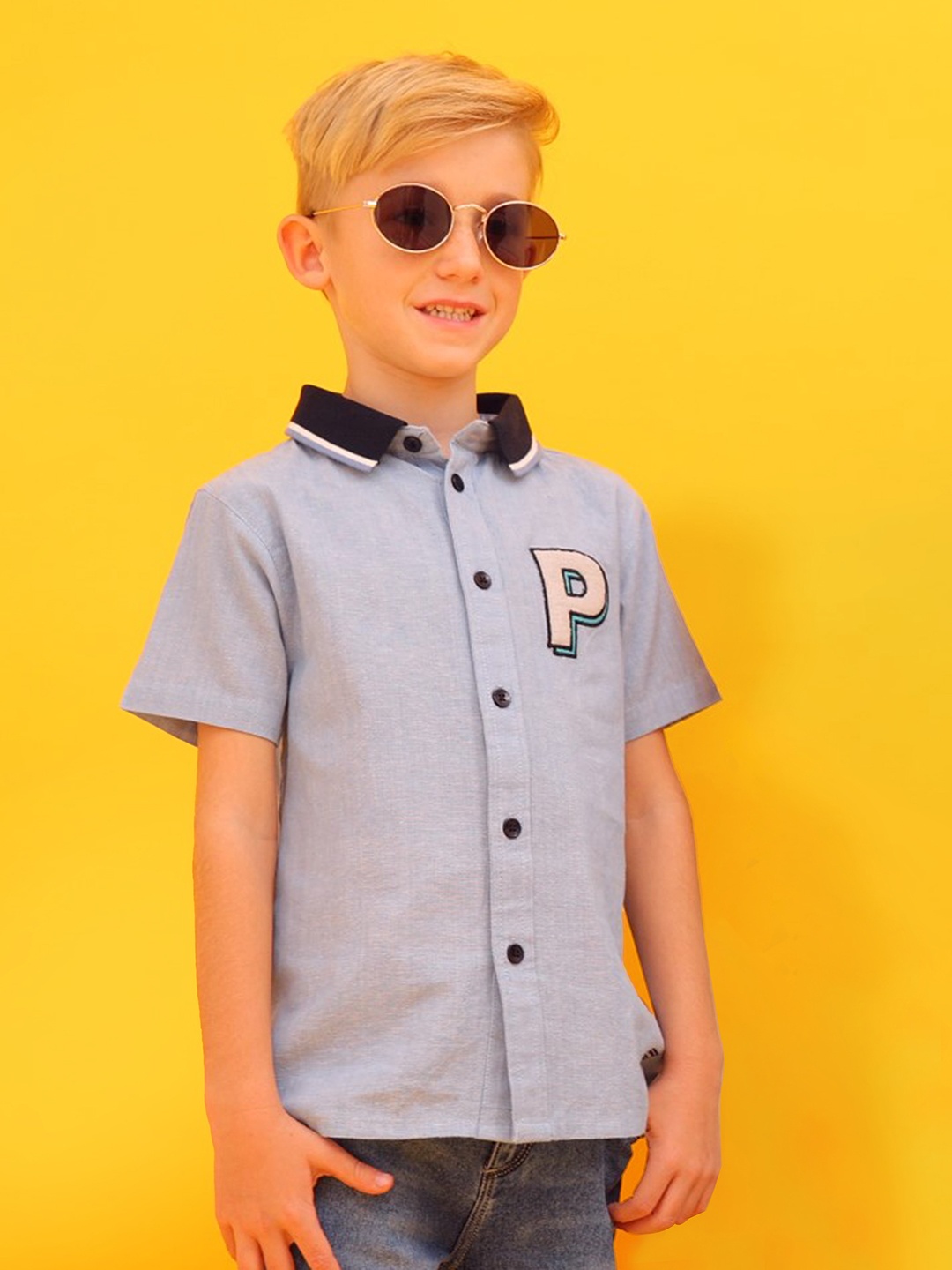 

Cherry Crumble Boys Blue Regular Fit Solid Cotton Casual Shirt with Applique Detail