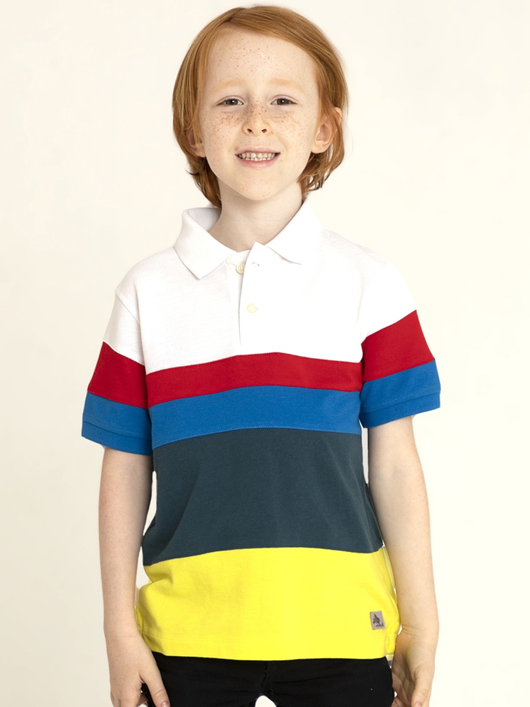 

Cherry Crumble Boys Multicoloured Colourblocked Polo Collar Cotton T-shirt, Multi