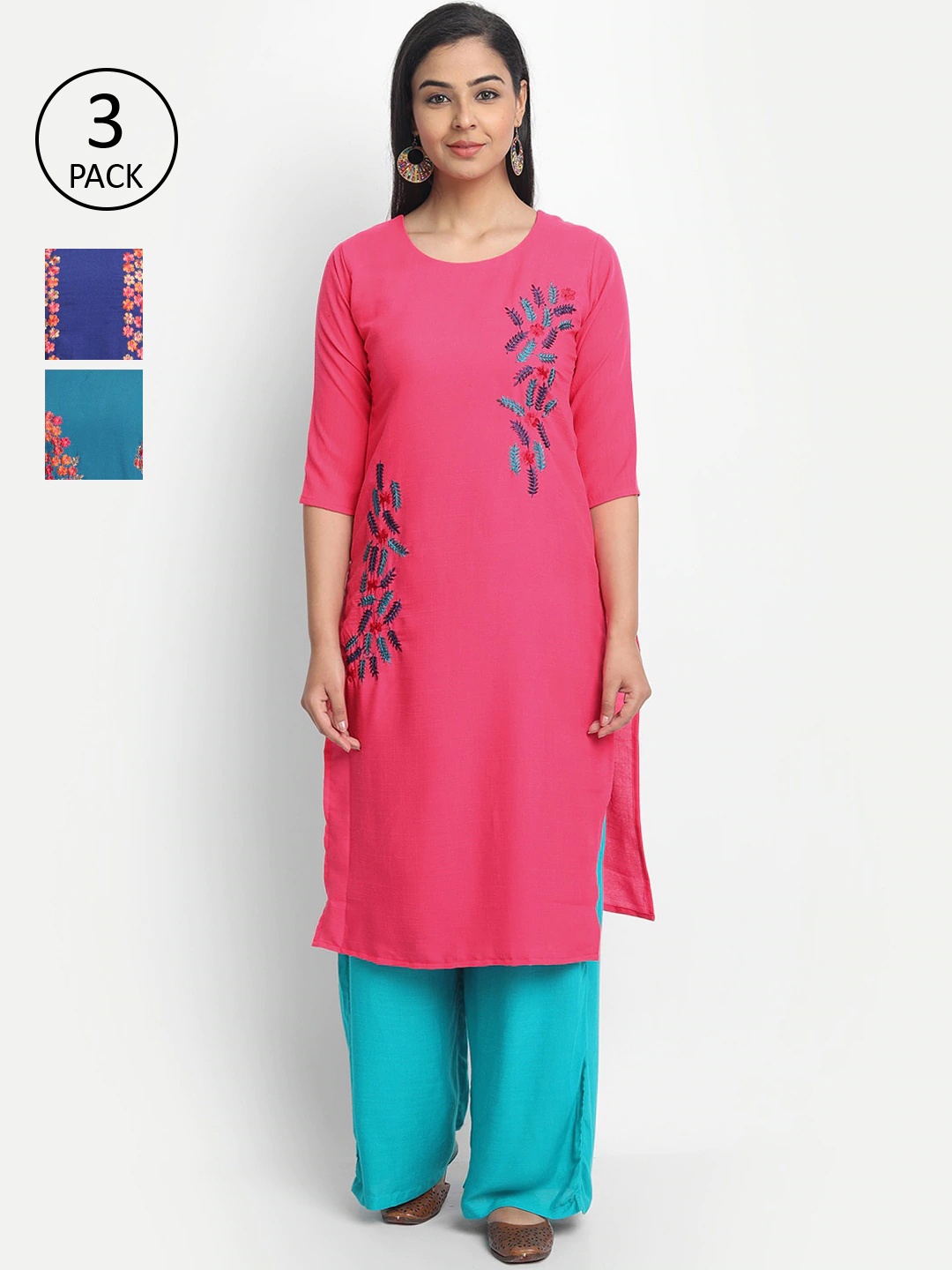 

7Threads Women Multicoloured Pack of 3 Embroidered Straight Kurta, Multi