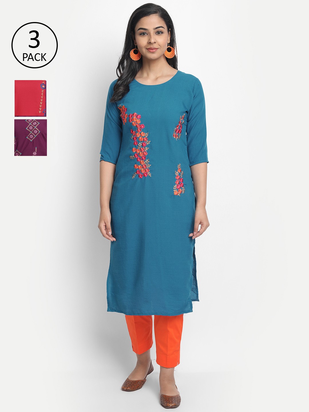 

7Threads Women Multicoloured Pack of 3 Embroidered Straight Kurta, Multi