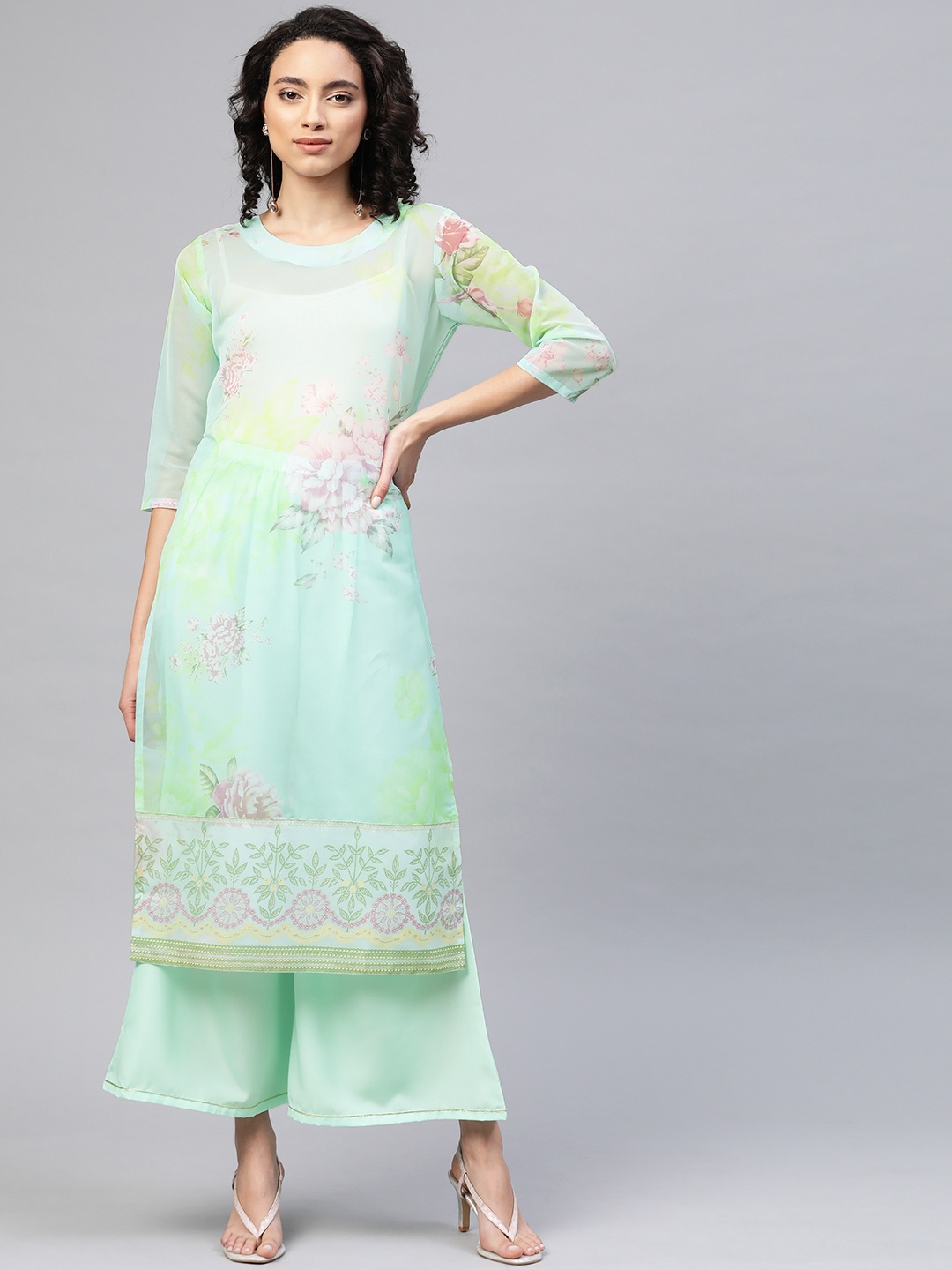 

Ahalyaa Women Green & Pink Semi-Sheer Floral Printed Kurta