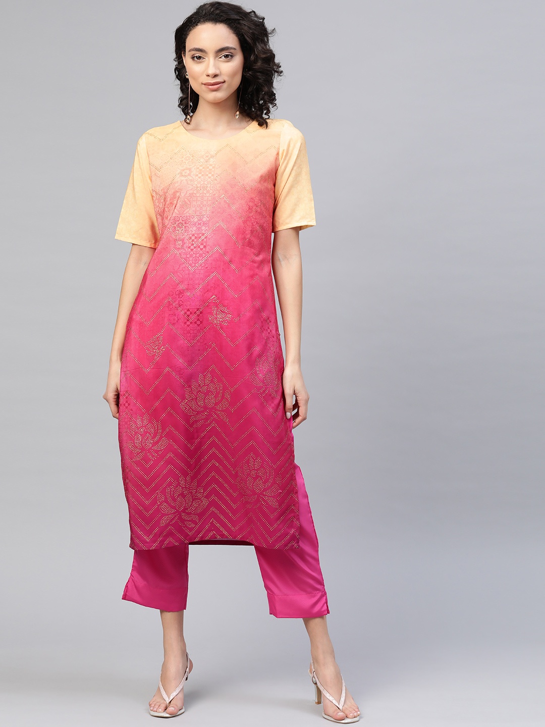

Ahalyaa Women Pink & Golden Dyed Printed Kurta with Trousers