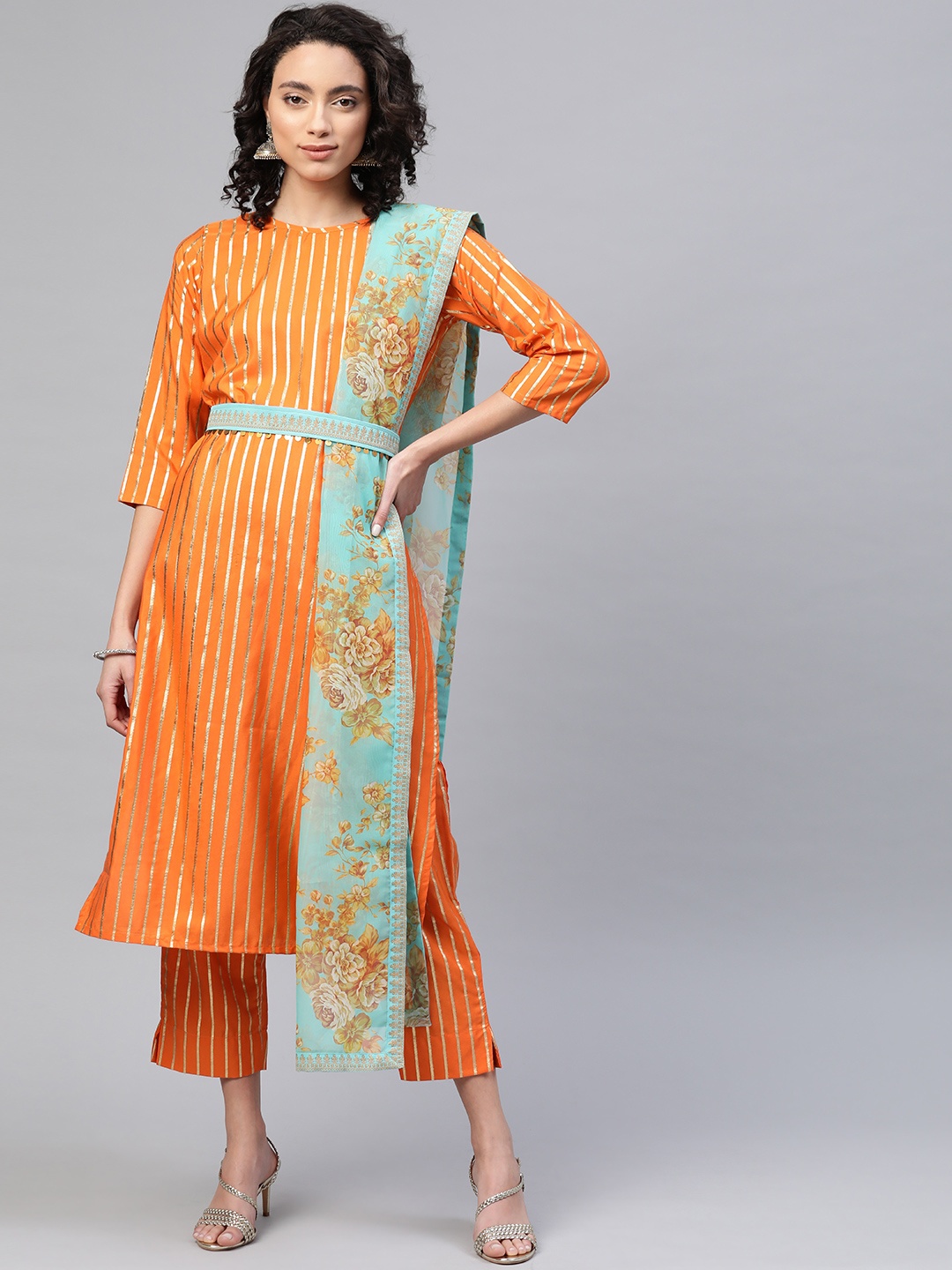 

Ahalyaa Women Orange & Golden Striped Kurta with Trousers & Dupatta