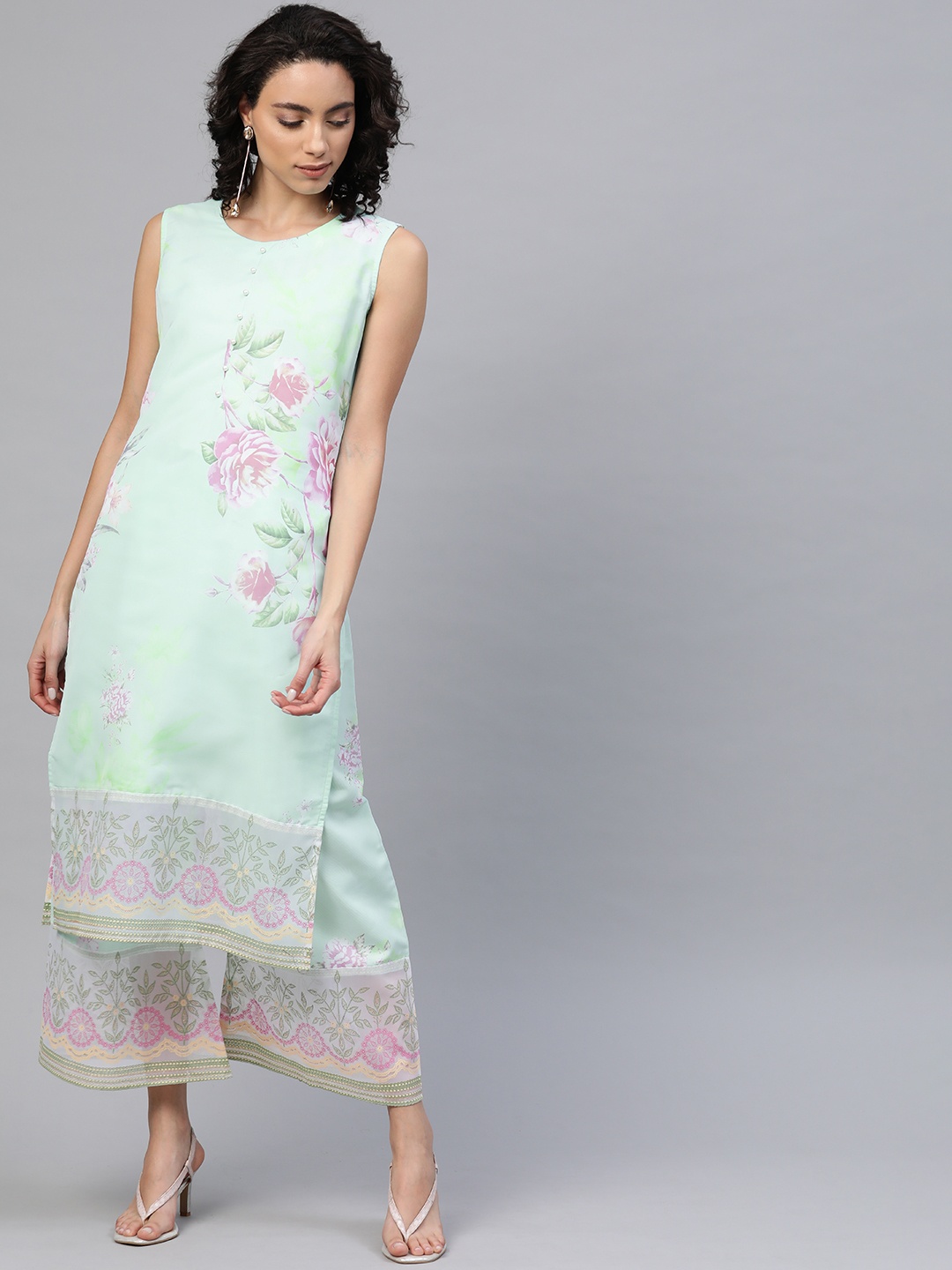 

Ahalyaa Women Blue & Pink Floral Print Kurta with Palazzos