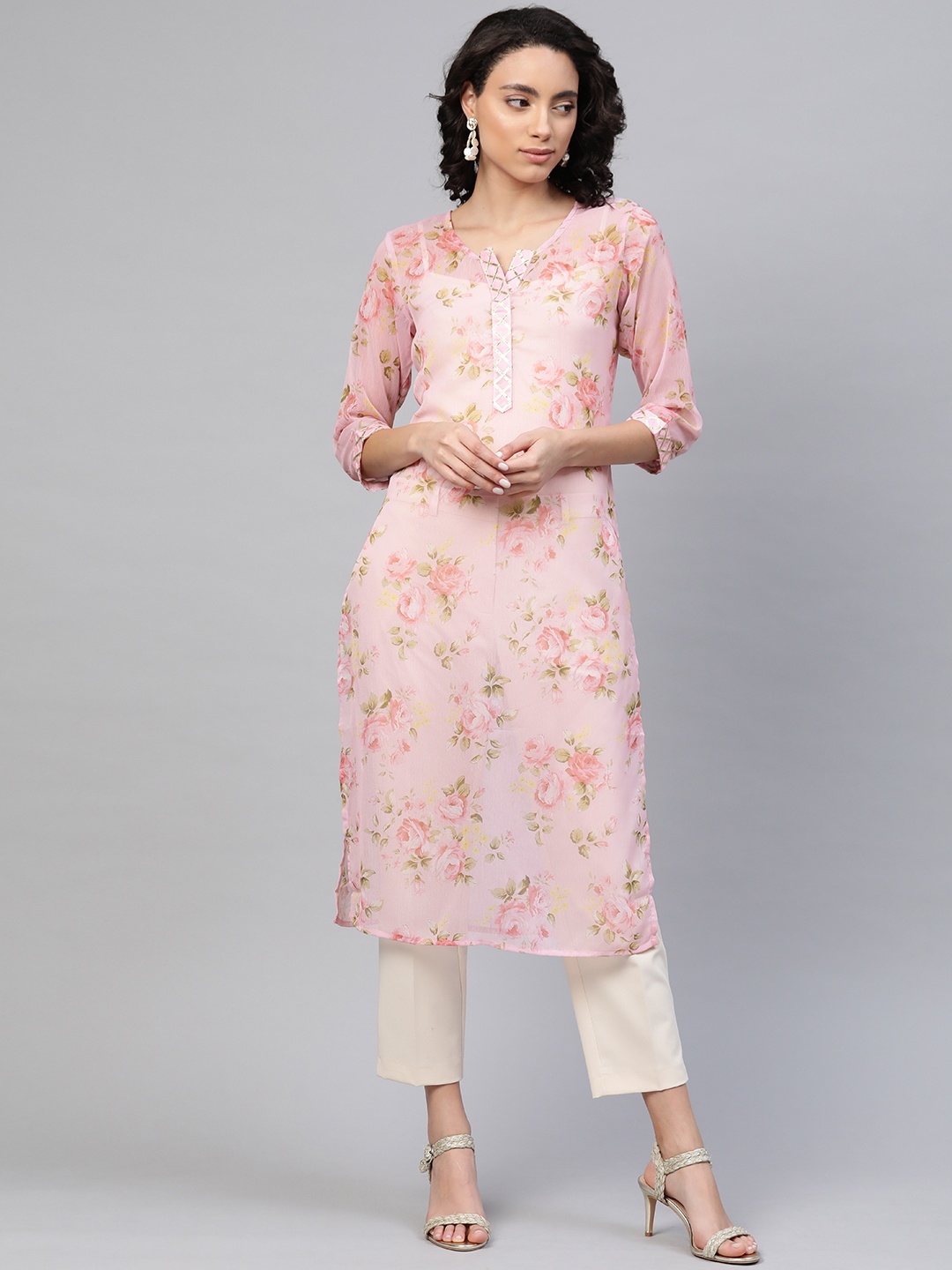 

Ahalyaa Women Pink Semi-Sheer Floral Printed Kurta