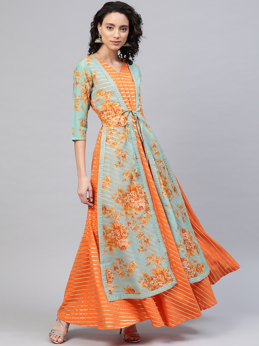 

Ahalyaa Women Orange Golden Foil Print Striped Anarkali Dress With Layered Jacket