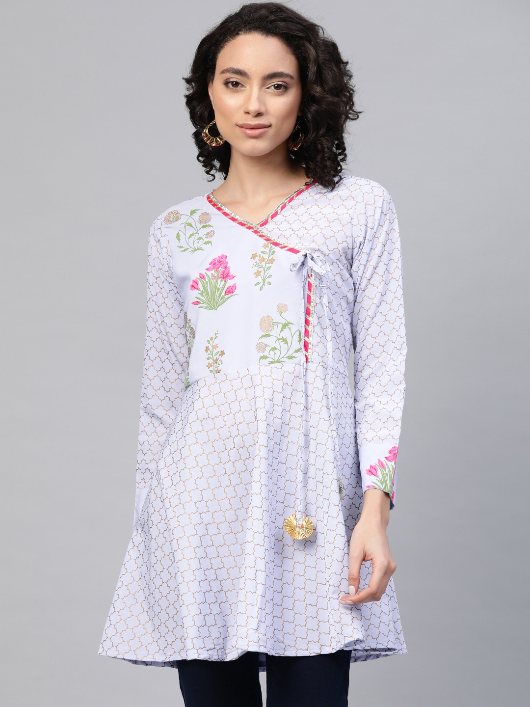 

Ahalyaa Women Blue & Pink Ethnic Print Angrakha Tunic