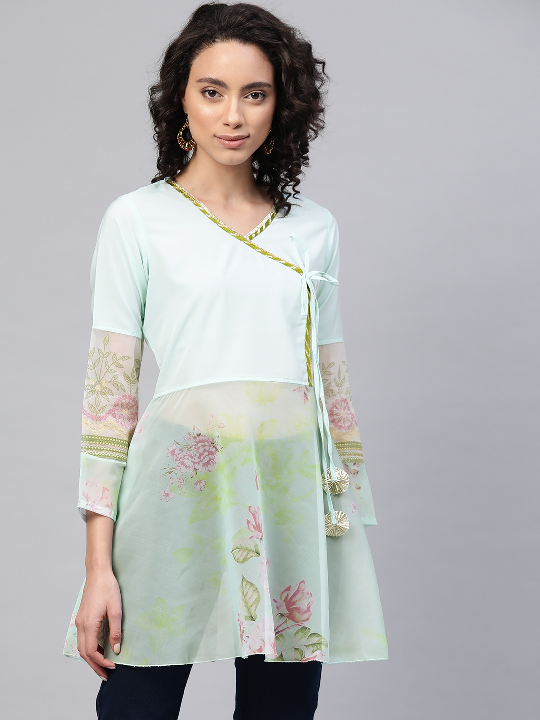 

Ahalyaa Women Sea Green & Pink Floral Print Semi-Sheer Angrakha Tunic