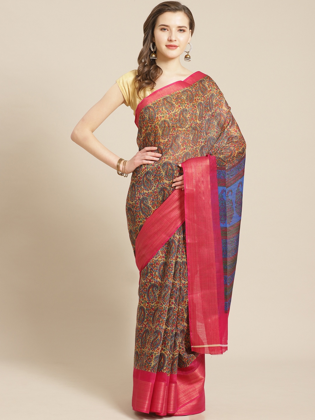 

Kalista Beige & Blue Printed Saree