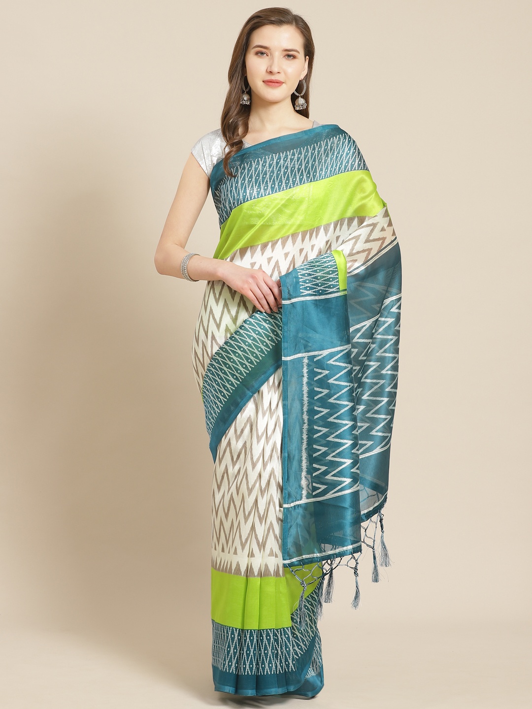 

Kalista White & Teal Blue Ikat Print Saree