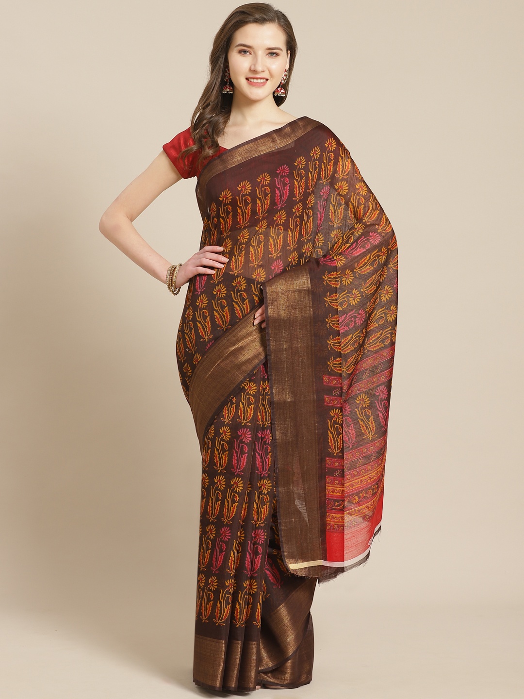 

Kalista Coffee Brown & Mustard Yellow Printed Saree