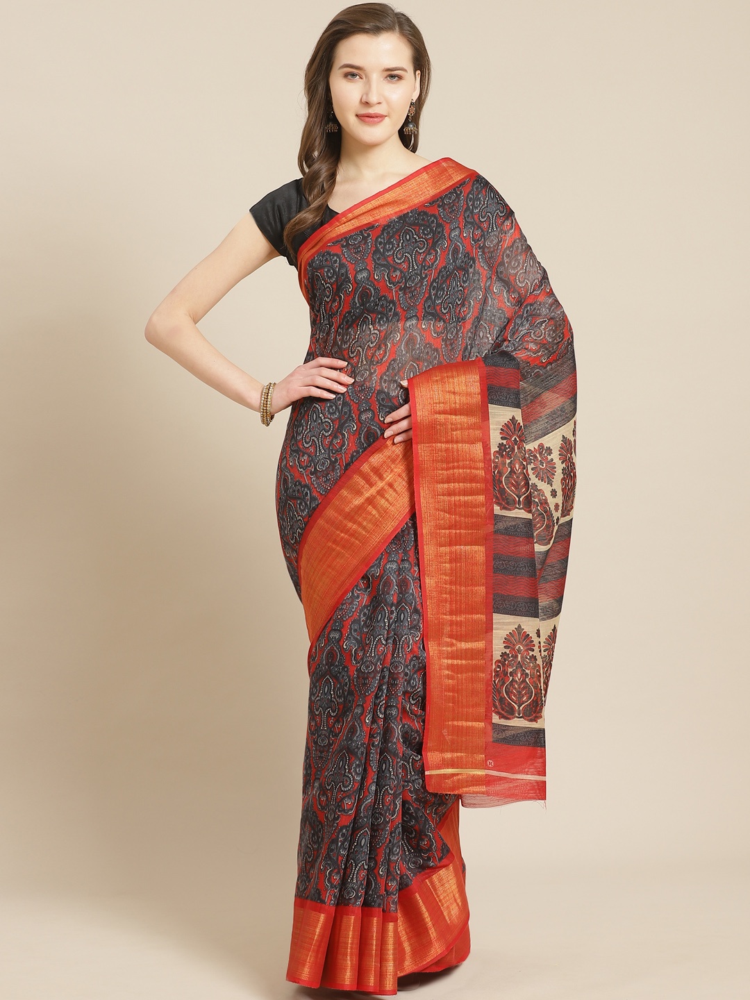 

Kalista Rust Orange & Charcoal Grey Printed Saree