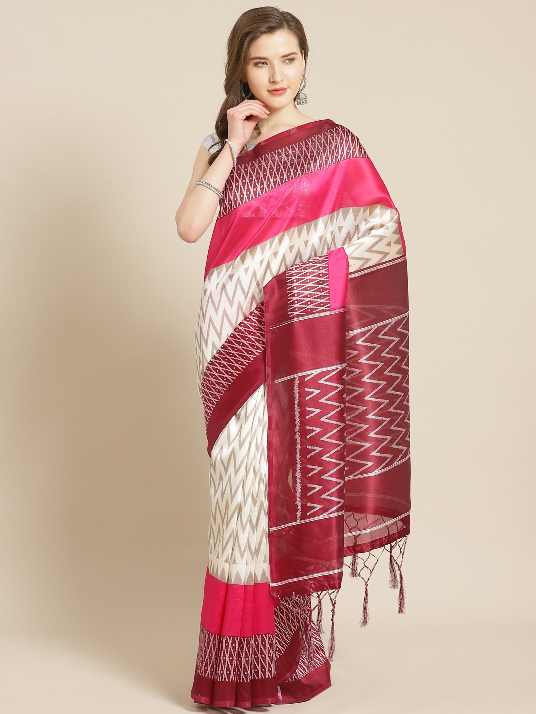 

Kalista Off-White & Pink Chevron Ikat Print Mysore Silk Saree