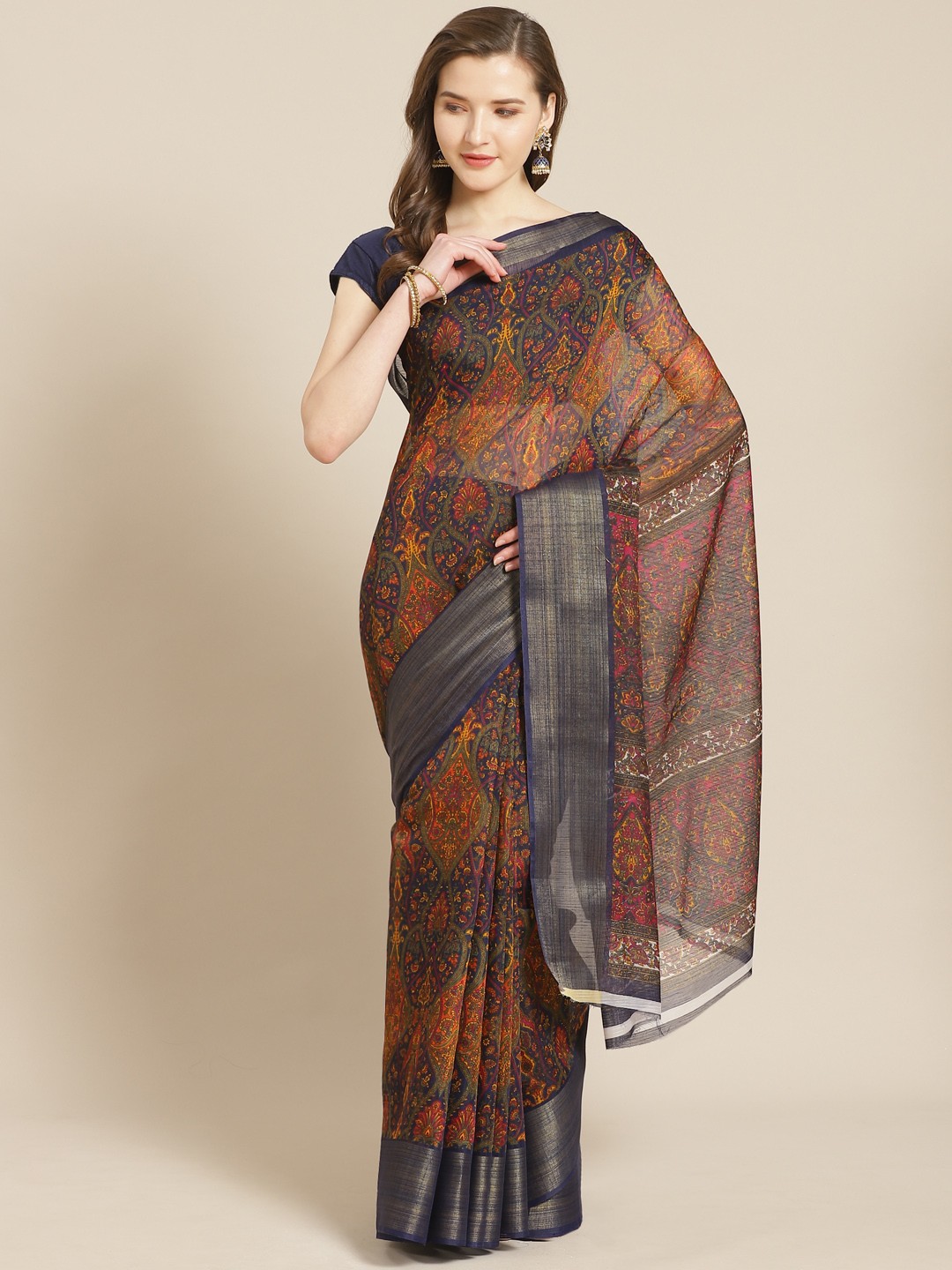 

Kalista Navy Blue & Mustard Brown Printed Saree