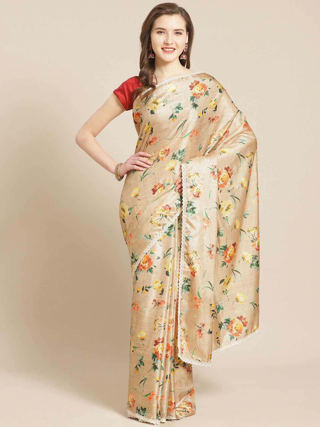 

Kalista Beige & Orange Floral Printed Saree