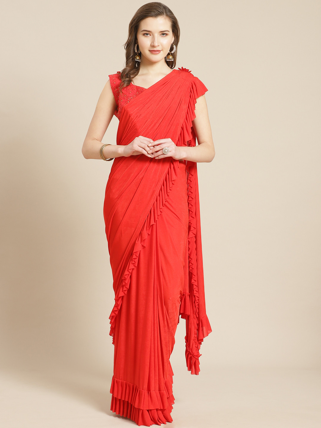 

Kalista Red Solid Ruffle Ready to Wear Saree