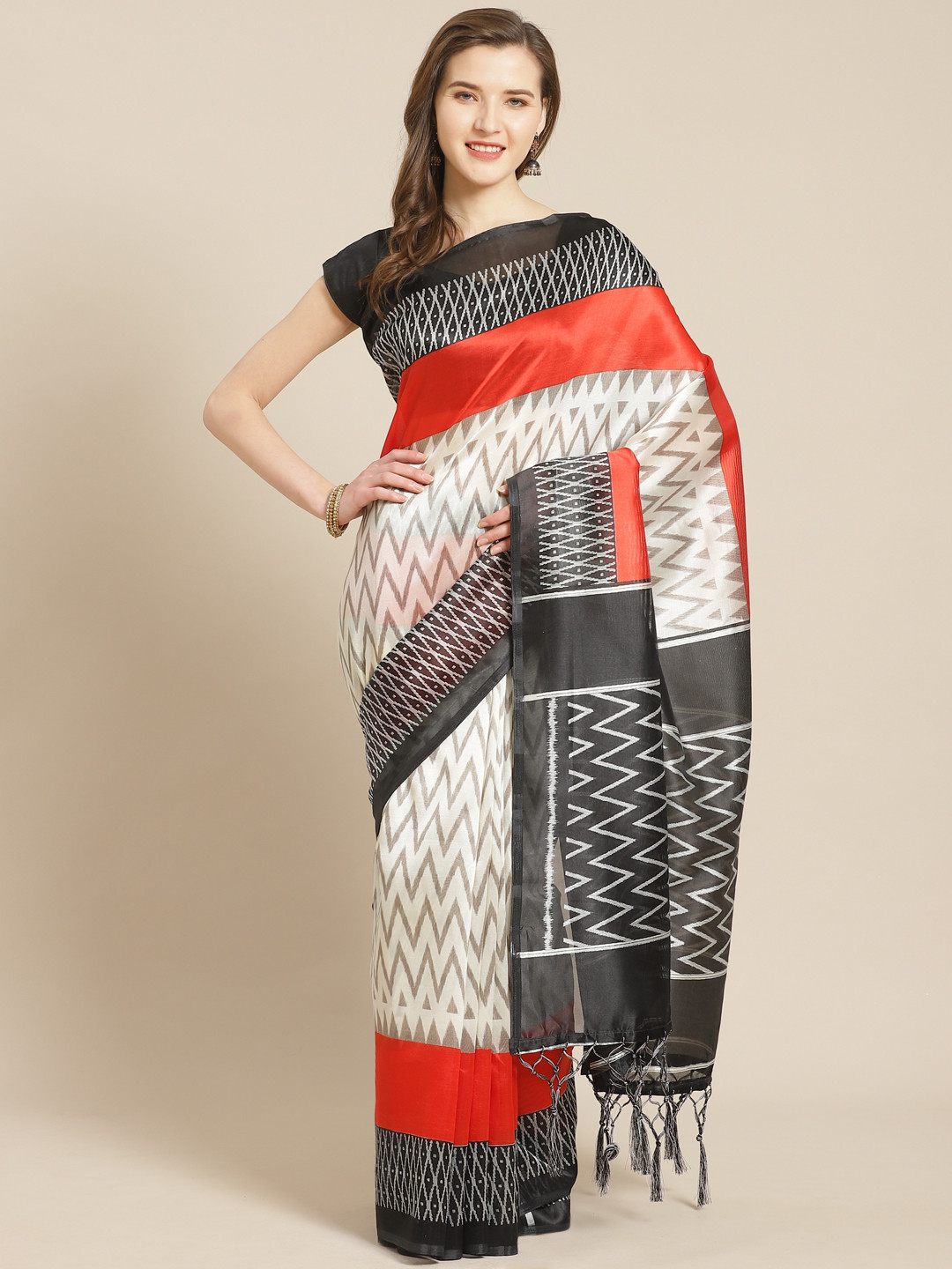

Kalista White & Black Ikat Print Saree