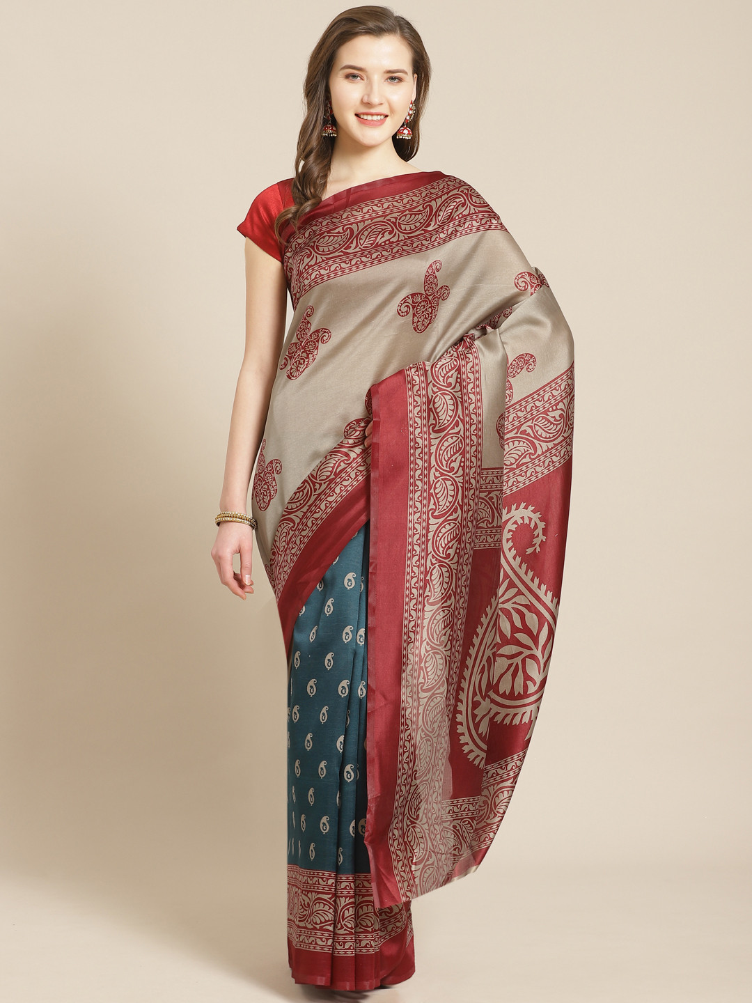 

Kalista Beige & Teal Blue Printed Half & Half Saree