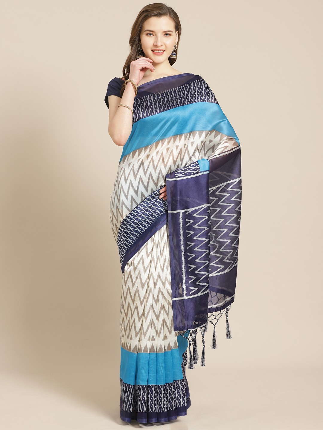 

Kalista Off-White & Blue Ikat Print Saree
