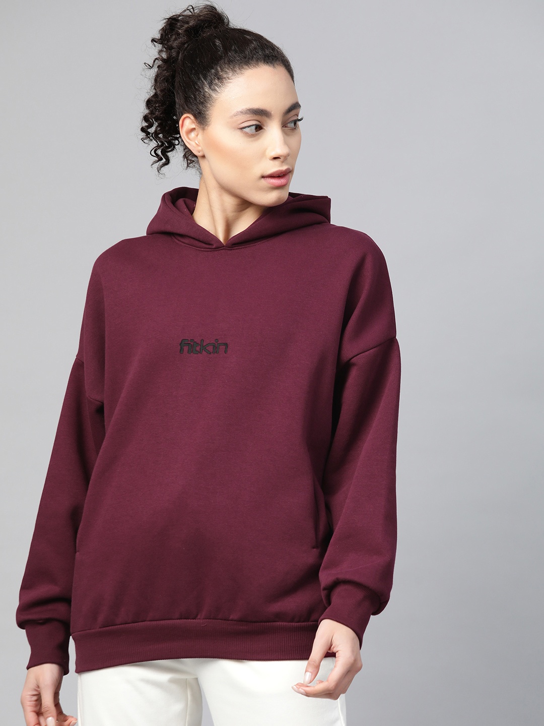 

Fitkin Women Burgundy Solid Hooded Winter Sweatshirt