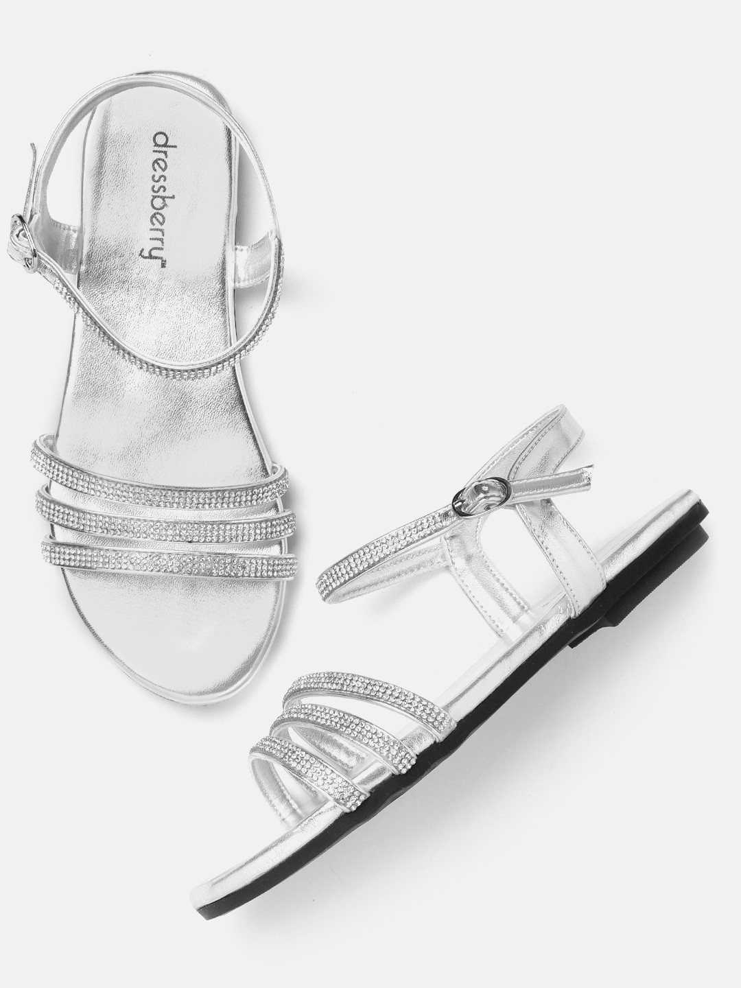 

DressBerry Women Silver-Toned Embellished Open Toe Flats