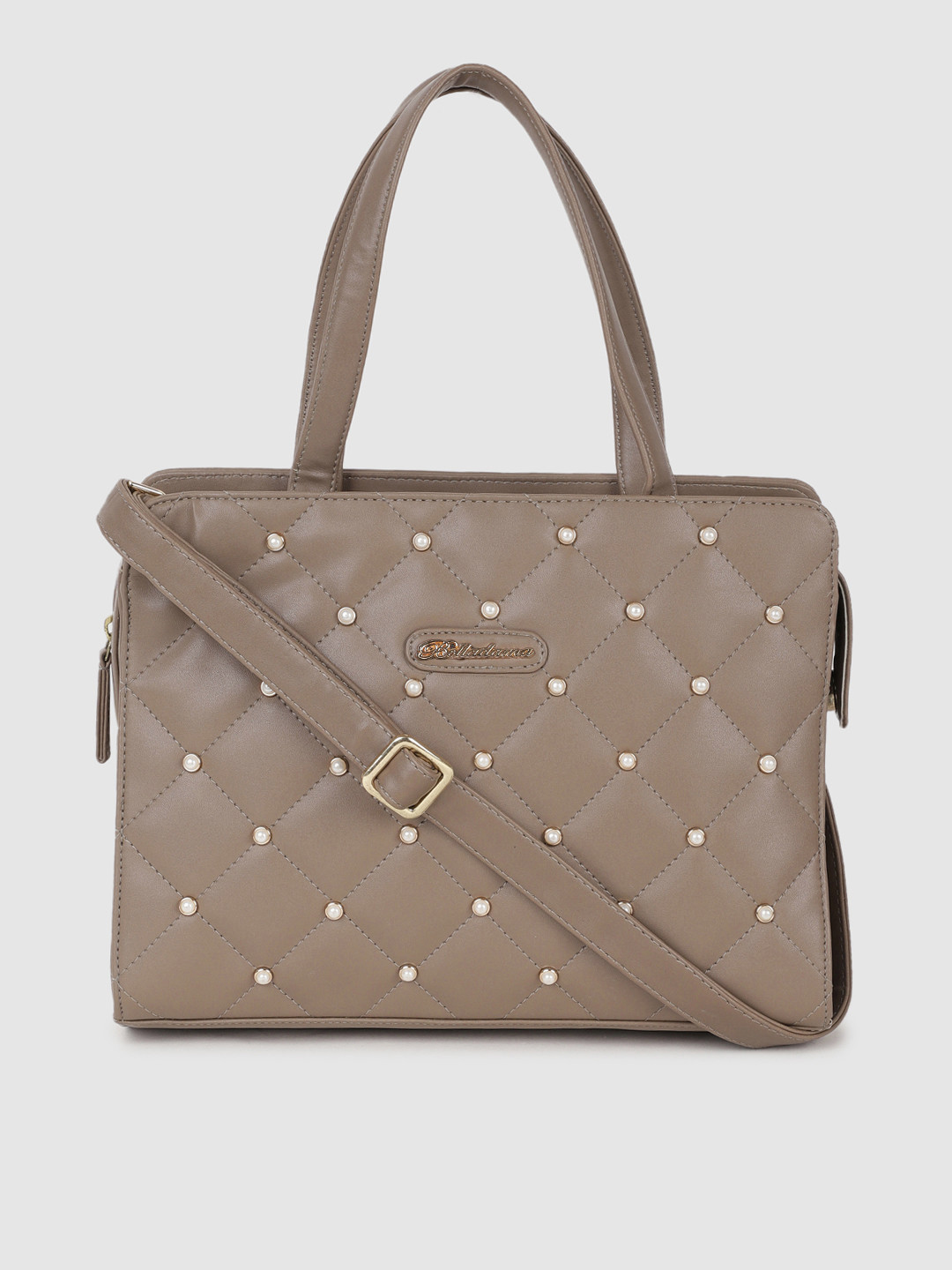 

BELLADAMA Beige Embellished Quilted Handheld Bag