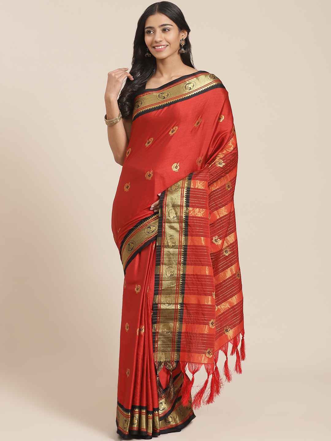 

Mitera Red & Golden Handloom Pure Silk Woven Design Kanjeevaram Saree