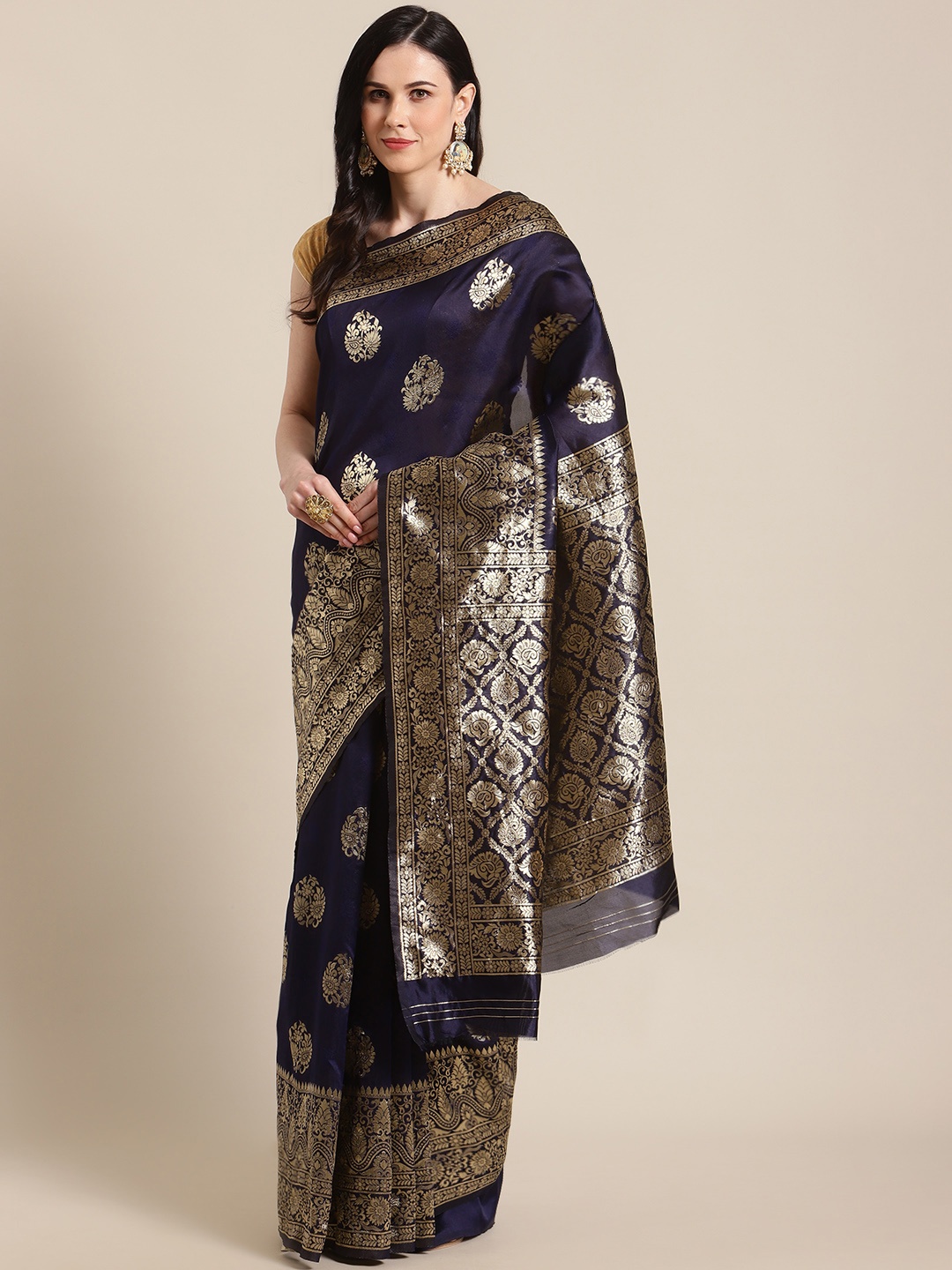 

Mitera Navy Blue & Golden Woven Design Banarasi Saree