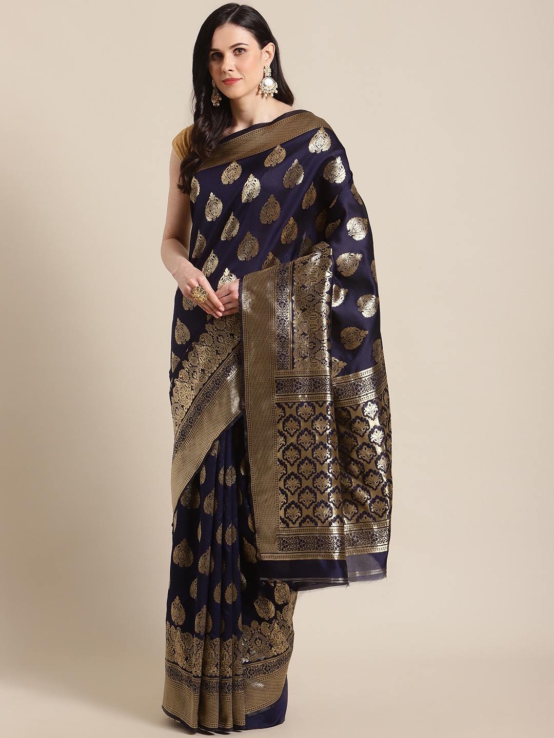 

Mitera Navy Blue & Golden Woven Design Banarasi Saree